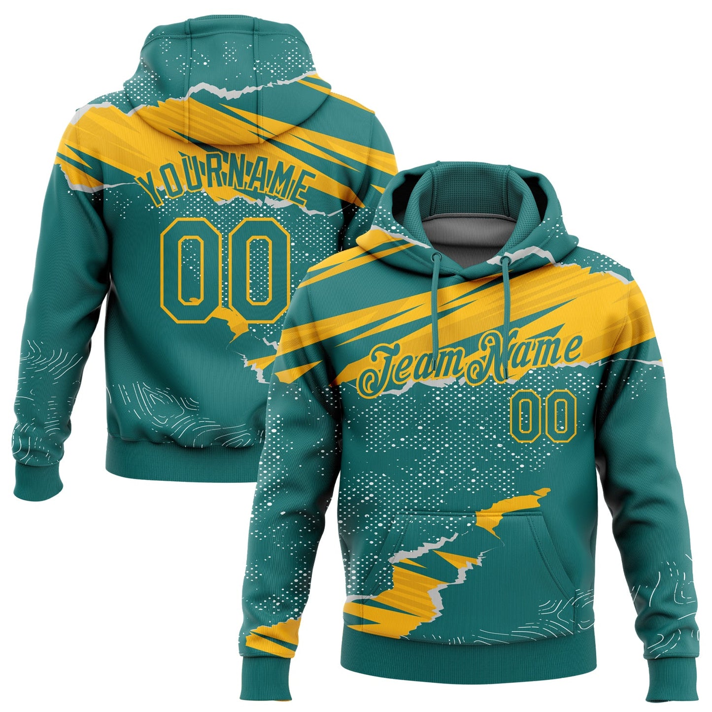 Custom Stitched Teal Gold 3D Pattern Design Torn Paper Style Sports Pullover Sweatshirt Hoodie - Main View