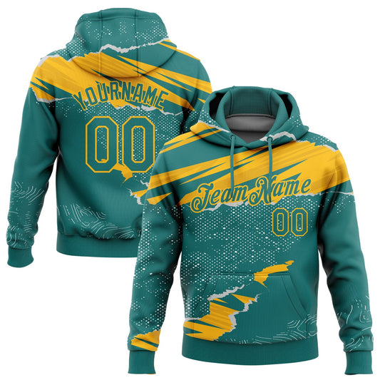 Custom Stitched Teal Gold 3D Pattern Design Torn Paper Style Sports Pullover Sweatshirt Hoodie - Main View