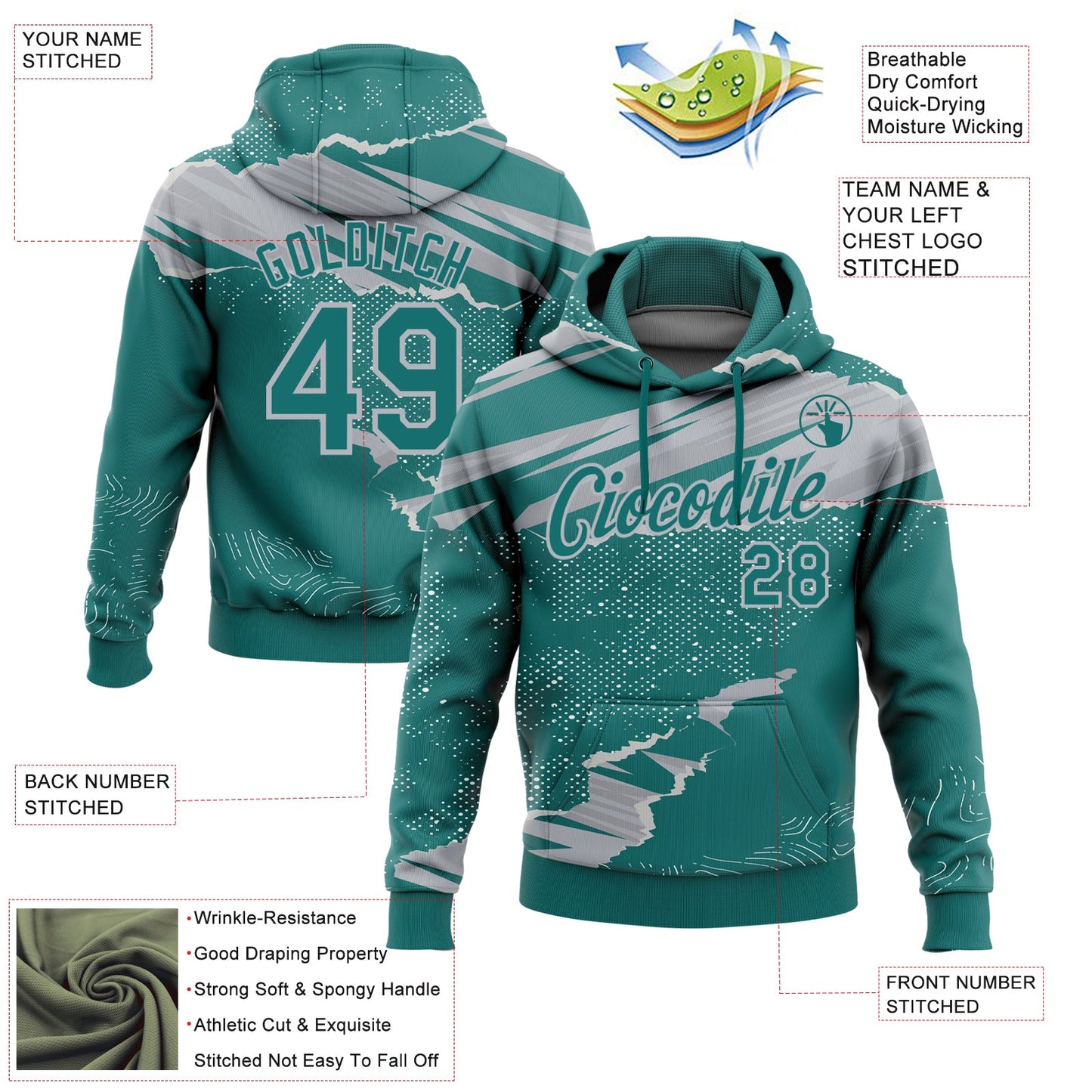 Custom Stitched Teal Gray 3D Pattern Design Torn Paper Style Sports Pullover Sweatshirt Hoodie view 2