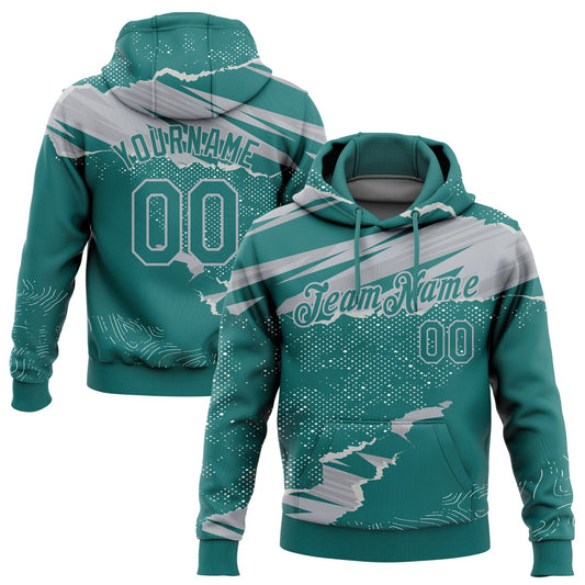 Custom Stitched Teal Gray 3D Pattern Design Torn Paper Style Sports Pullover Sweatshirt Hoodie - Main View