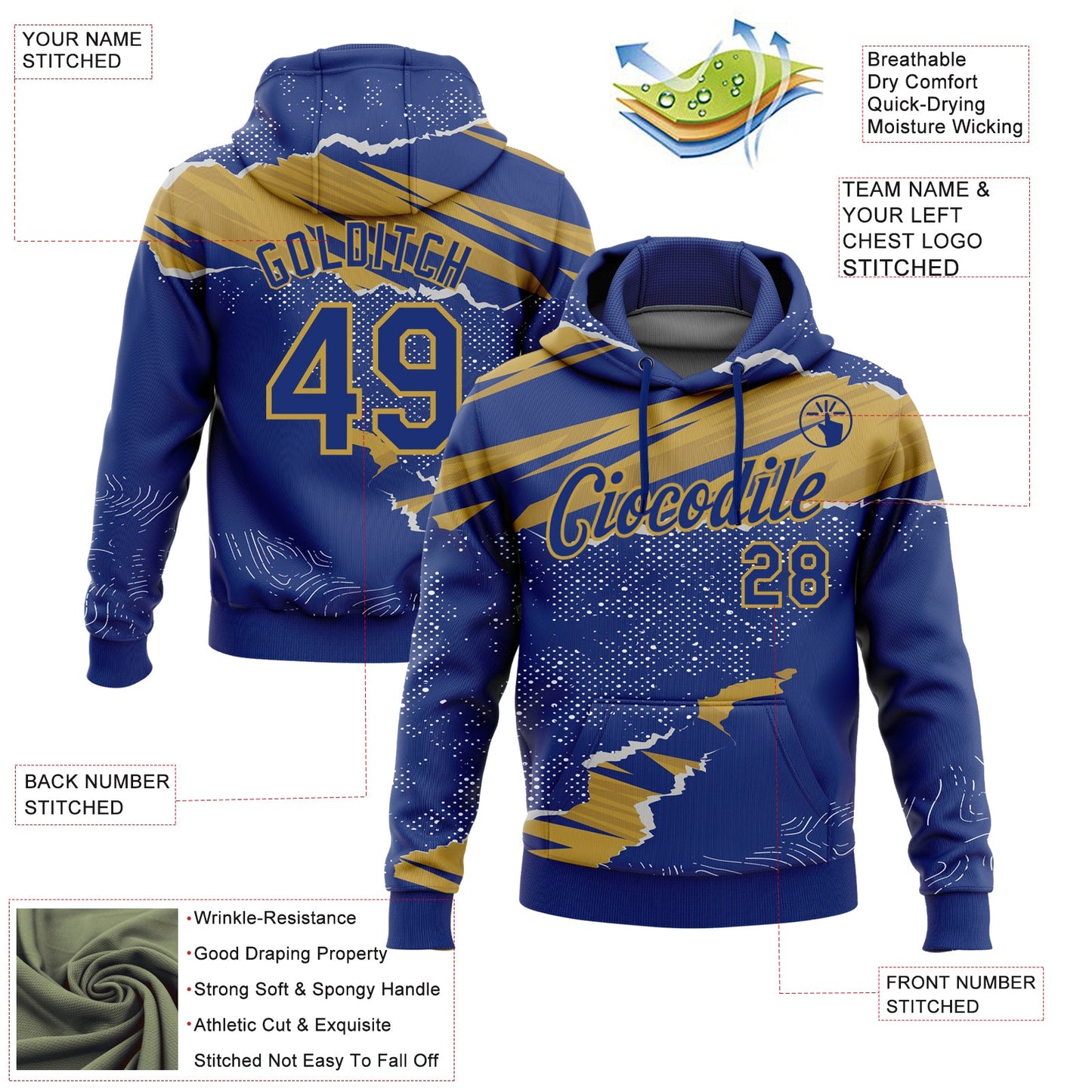 Custom Stitched Royal Old Gold 3D Pattern Design Torn Paper Style Sports Pullover Sweatshirt Hoodie view 2