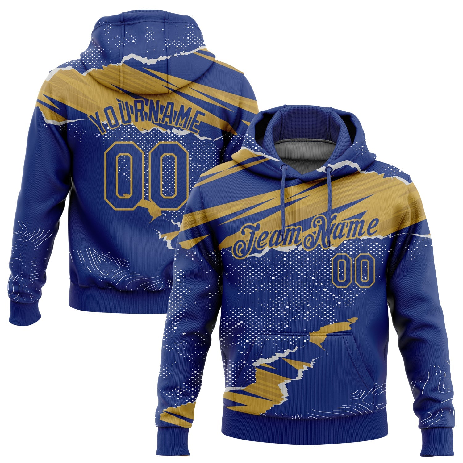 Custom Stitched Royal Old Gold 3D Pattern Design Torn Paper Style Sports Pullover Sweatshirt Hoodie - Main View