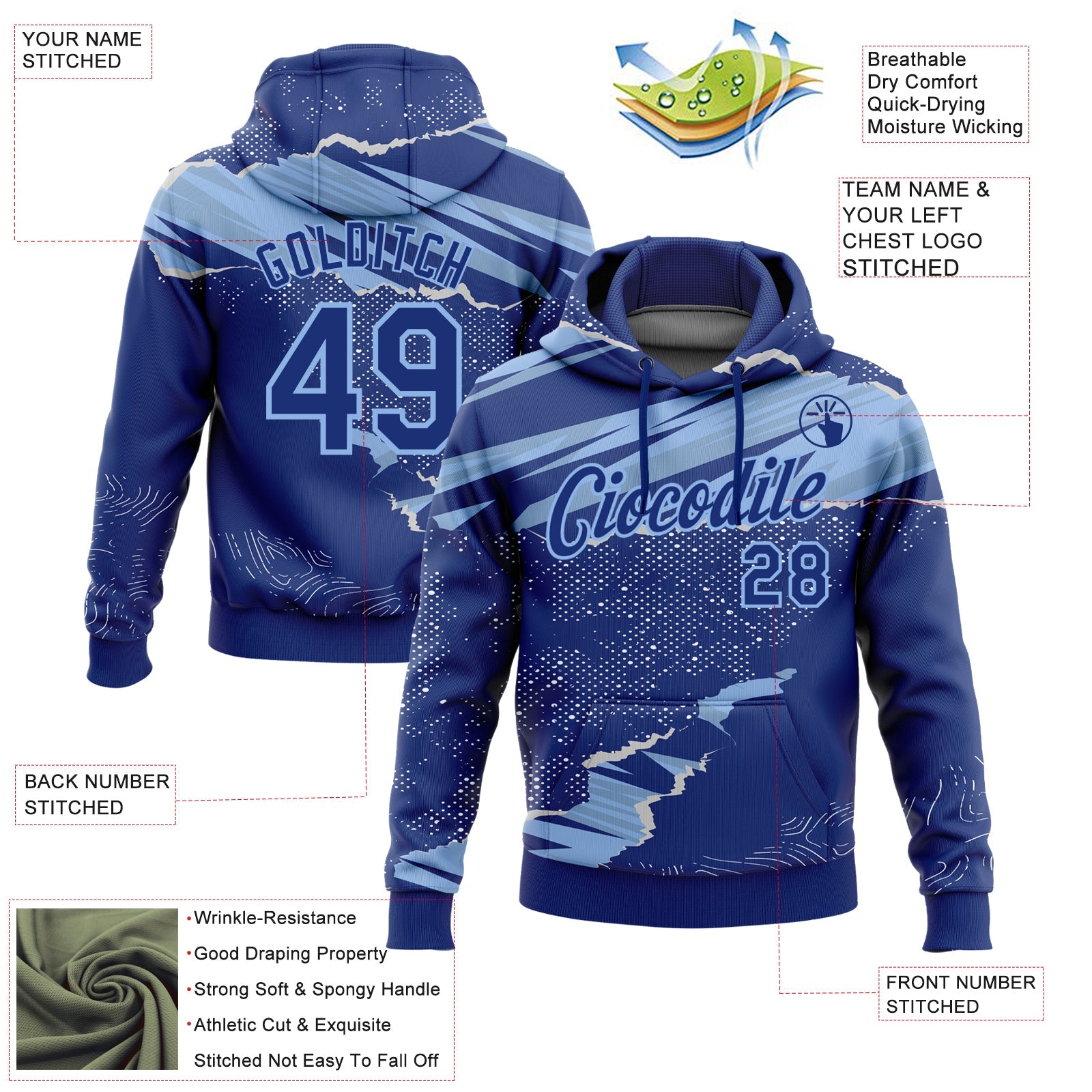 Custom Stitched Royal Light Blue 3D Pattern Design Torn Paper Style Sports Pullover Sweatshirt Hoodie view 2
