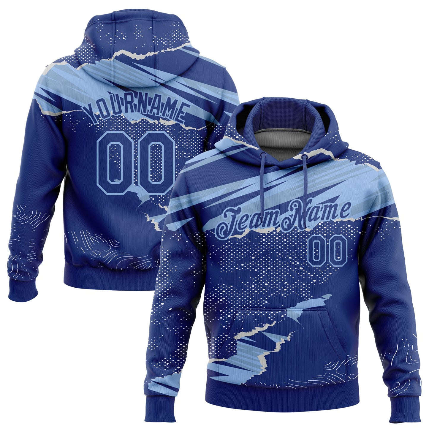 Custom Stitched Royal Light Blue 3D Pattern Design Torn Paper Style Sports Pullover Sweatshirt Hoodie - Main View