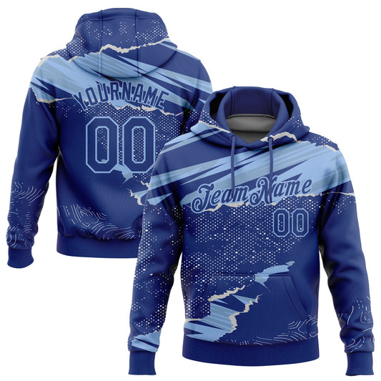 Custom Stitched Royal Light Blue 3D Pattern Design Torn Paper Style Sports Pullover Sweatshirt Hoodie - Main View