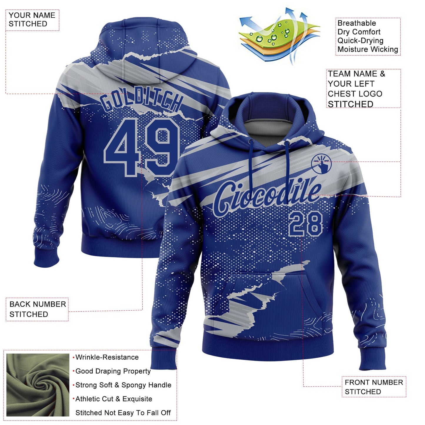 Custom Stitched Royal Gray 3D Pattern Design Torn Paper Style Sports Pullover Sweatshirt Hoodie view 2