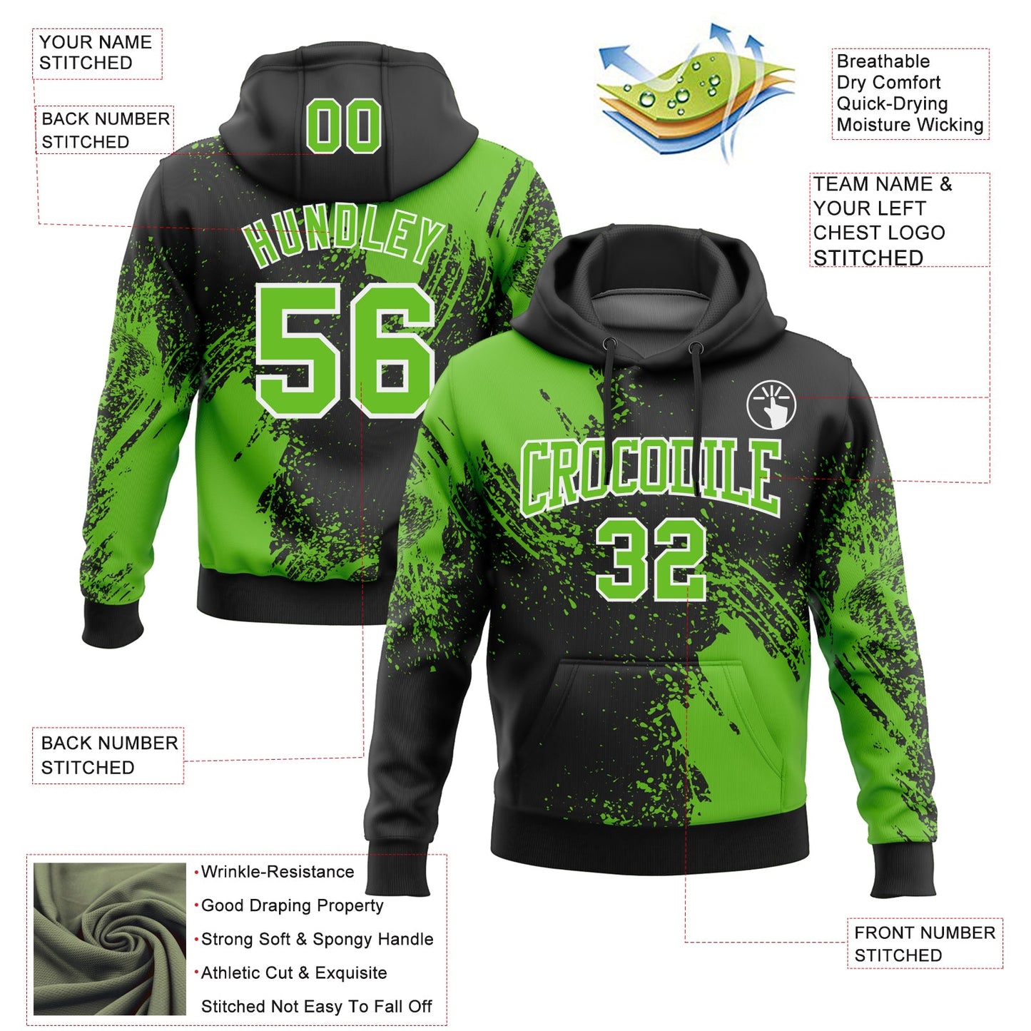 Custom Stitched Black Aurora Green-White 3D Pattern Design Abstract Brush Stroke Sports Pullover Sweatshirt Hoodie view 2