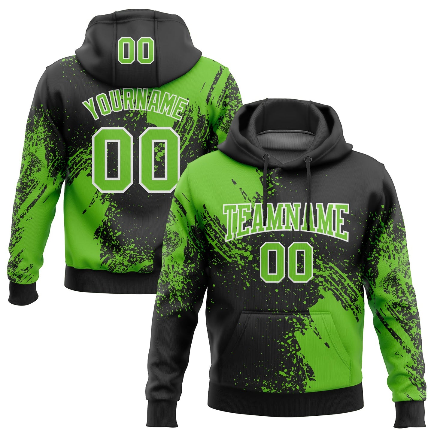 Custom Stitched Black Aurora Green-White 3D Pattern Design Abstract Brush Stroke Sports Pullover Sweatshirt Hoodie - Main View