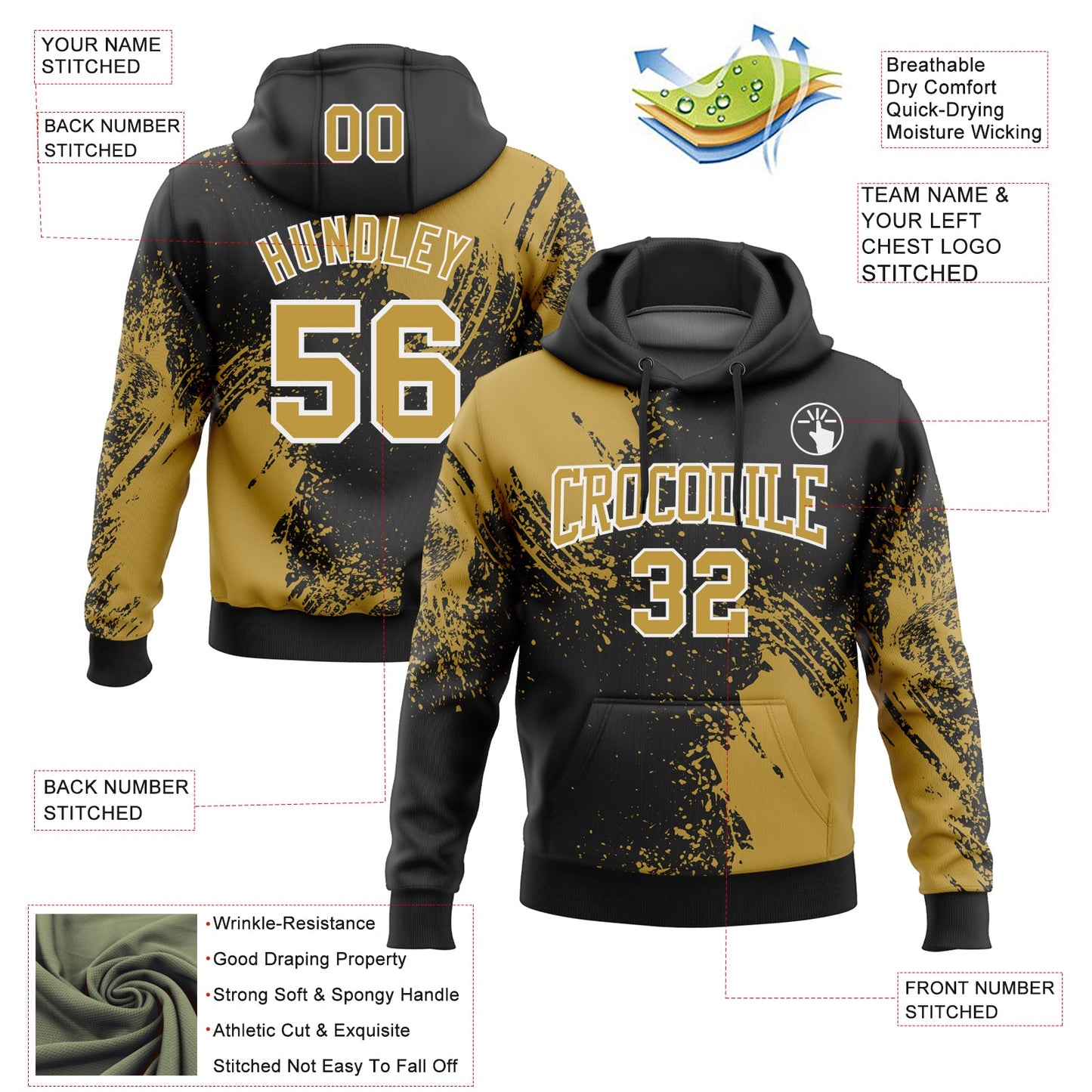 Custom Stitched Black Old Gold-White 3D Pattern Design Abstract Brush Stroke Sports Pullover Sweatshirt Hoodie view 2