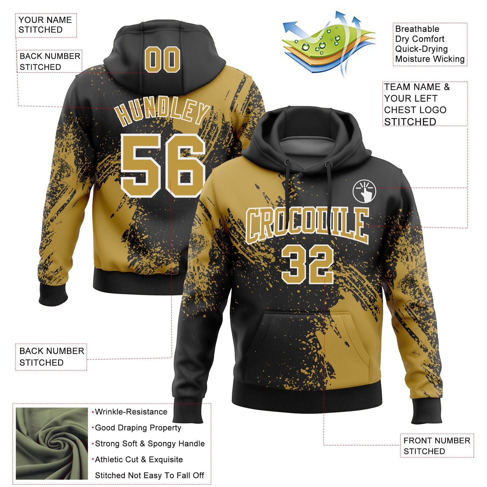 Custom Stitched Black Old Gold-White 3D Pattern Design Abstract Brush Stroke Sports Pullover Sweatshirt Hoodie view 2