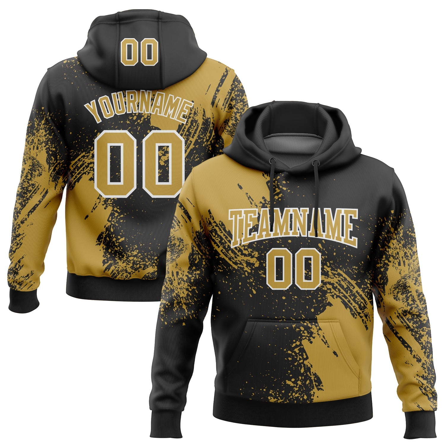 Custom Stitched Black Old Gold-White 3D Pattern Design Abstract Brush Stroke Sports Pullover Sweatshirt Hoodie - Main View