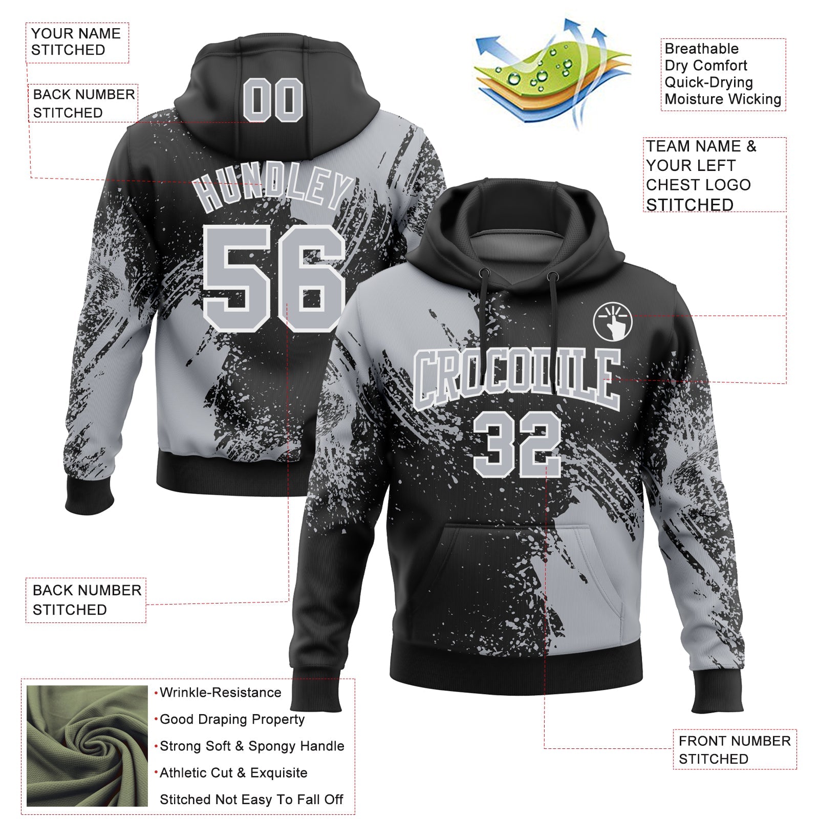 Custom Stitched Black Gray-White 3D Pattern Design Abstract Brush Stroke Sports Pullover Sweatshirt Hoodie view 2