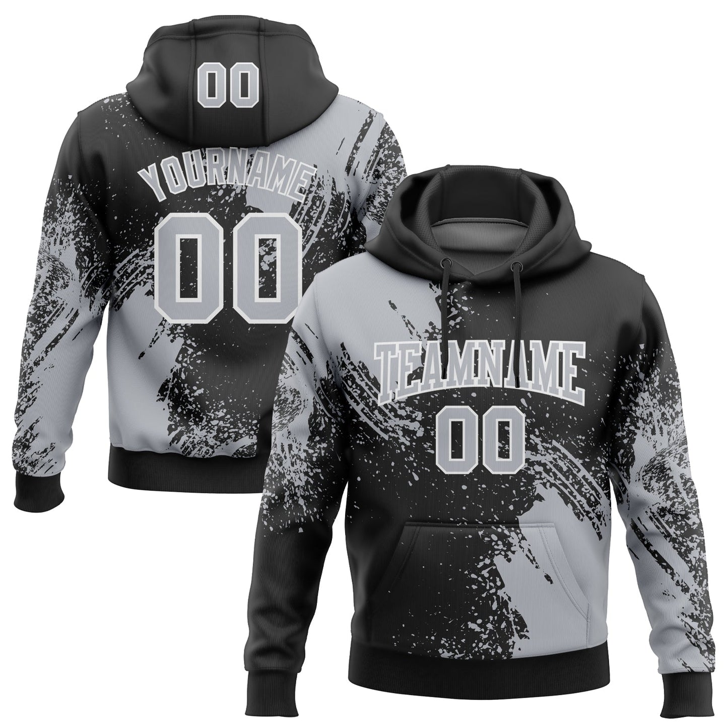 Custom Stitched Black Gray-White 3D Pattern Design Abstract Brush Stroke Sports Pullover Sweatshirt Hoodie - Main View