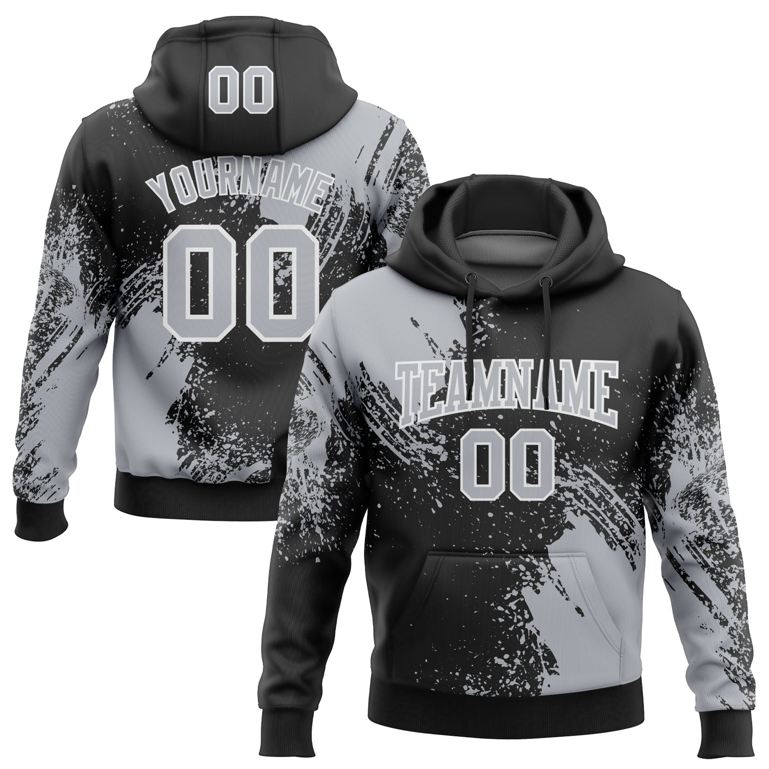 Custom Stitched Black Gray-White 3D Pattern Design Abstract Brush Stroke Sports Pullover Sweatshirt Hoodie - Main View