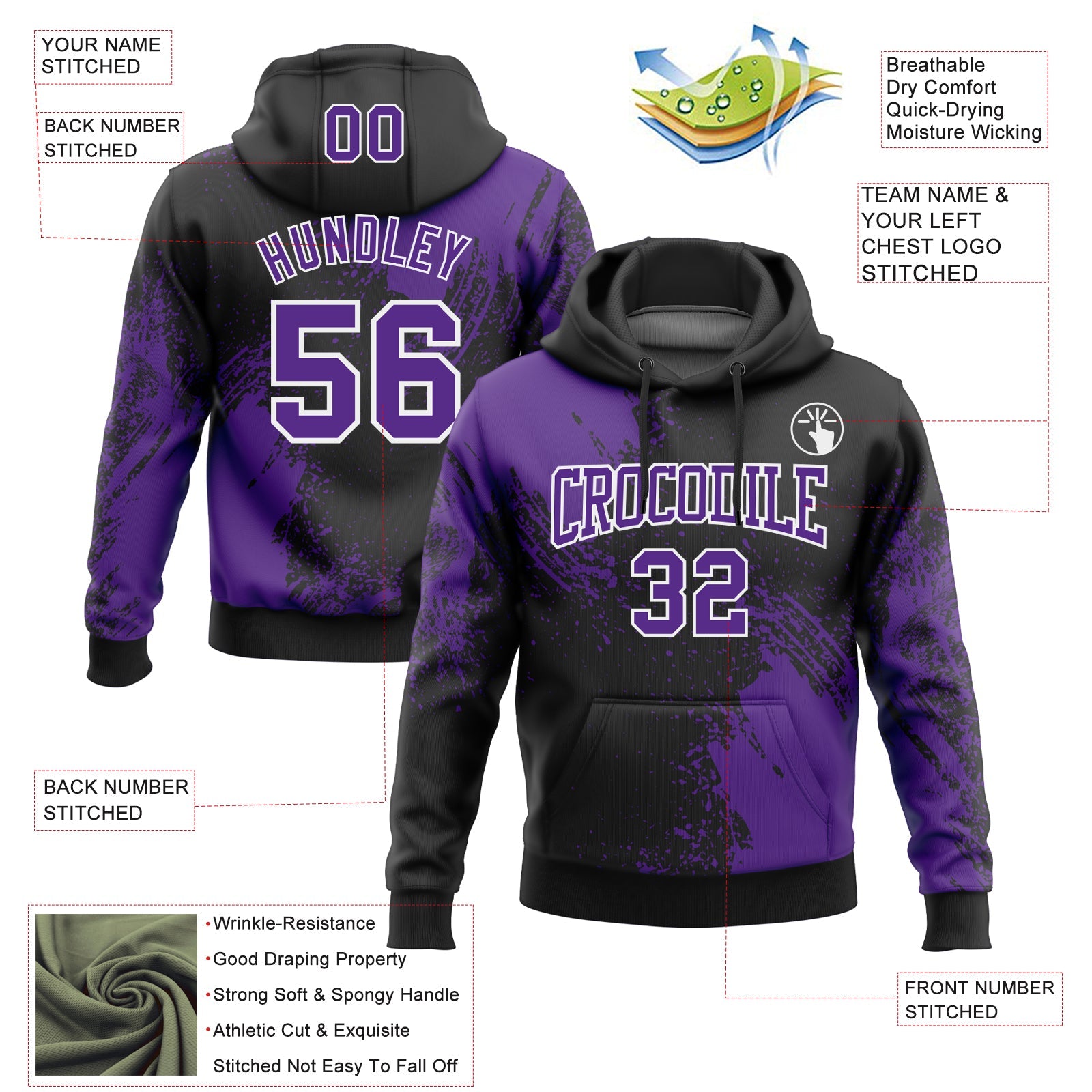 Custom Stitched Black Purple-White 3D Pattern Design Abstract Brush Stroke Sports Pullover Sweatshirt Hoodie view 2