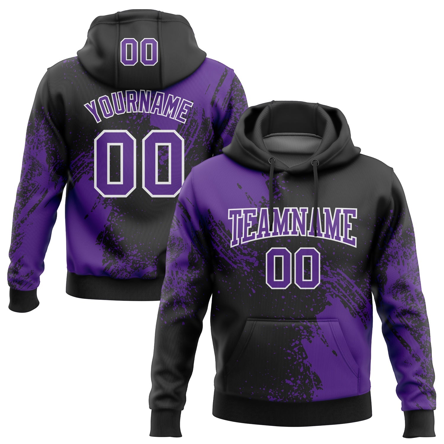 Custom Stitched Black Purple-White 3D Pattern Design Abstract Brush Stroke Sports Pullover Sweatshirt Hoodie - Main View