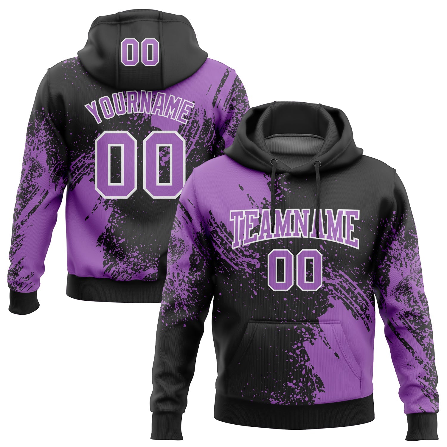 Custom Stitched Black Medium Purple-White 3D Pattern Design Abstract Brush Stroke Sports Pullover Sweatshirt Hoodie - Main View