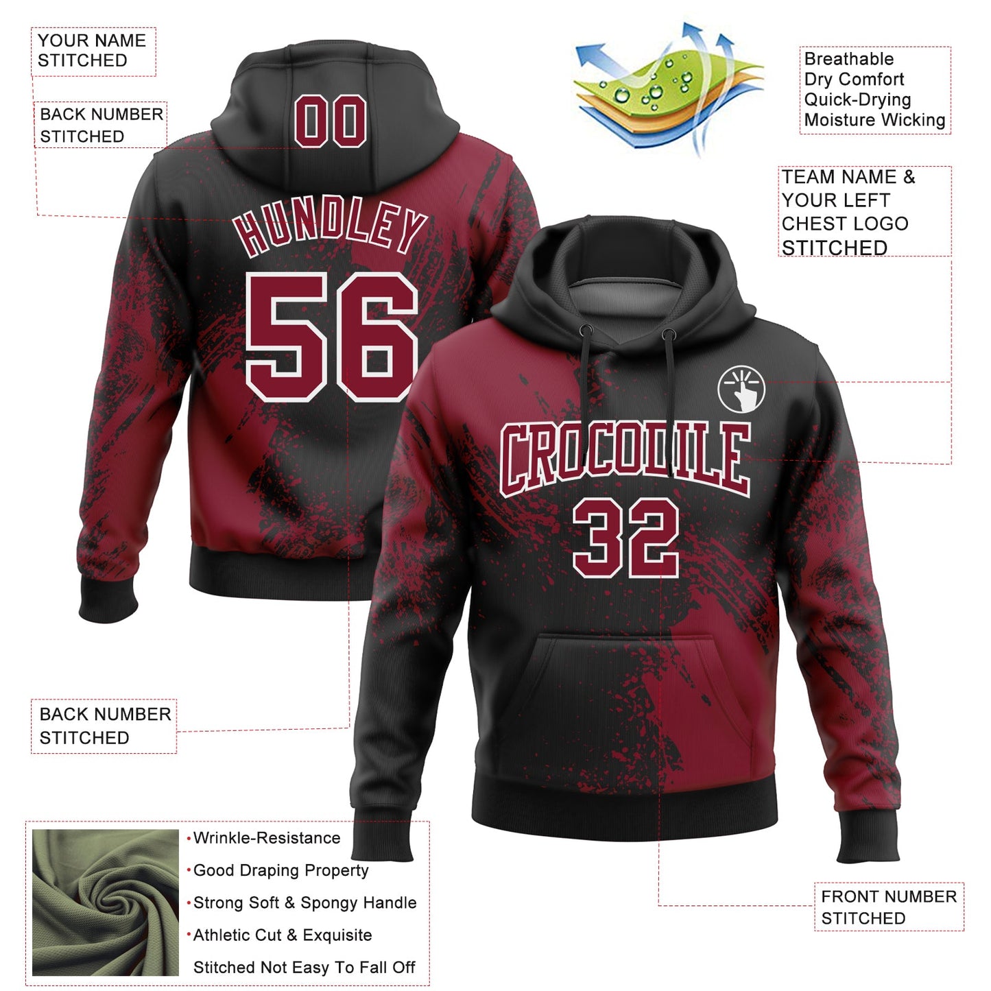 Custom Stitched Black Crimson-White 3D Pattern Design Abstract Brush Stroke Sports Pullover Sweatshirt Hoodie view 2