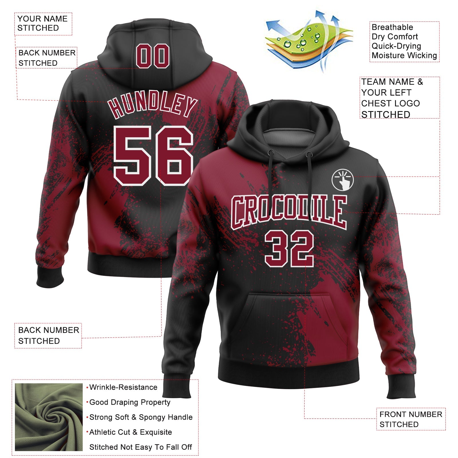 Custom Stitched Black Crimson-White 3D Pattern Design Abstract Brush Stroke Sports Pullover Sweatshirt Hoodie view 2
