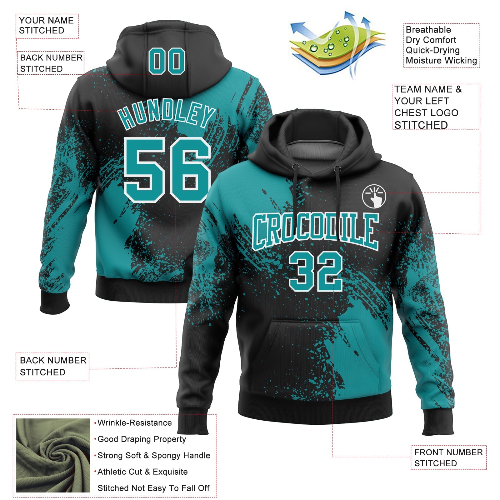 Custom Stitched Black Teal-White 3D Pattern Design Abstract Brush Stroke Sports Pullover Sweatshirt Hoodie view 2