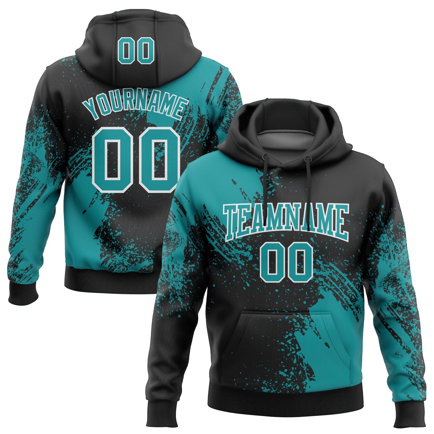 Custom Stitched Black Teal-White 3D Pattern Design Abstract Brush Stroke Sports Pullover Sweatshirt Hoodie - Main View