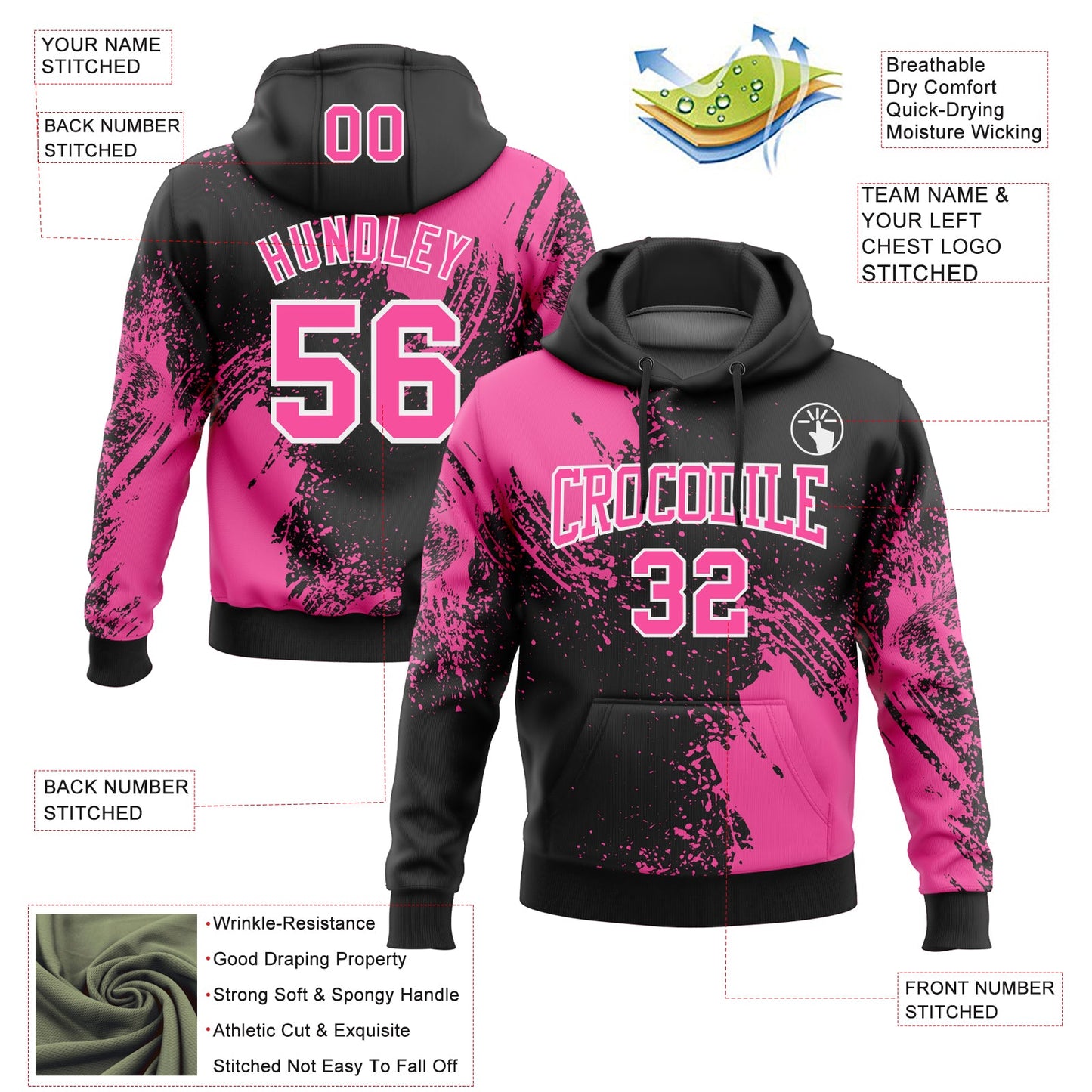 Custom Stitched Black Pink-White 3D Pattern Design Abstract Brush Stroke Sports Pullover Sweatshirt Hoodie view 2