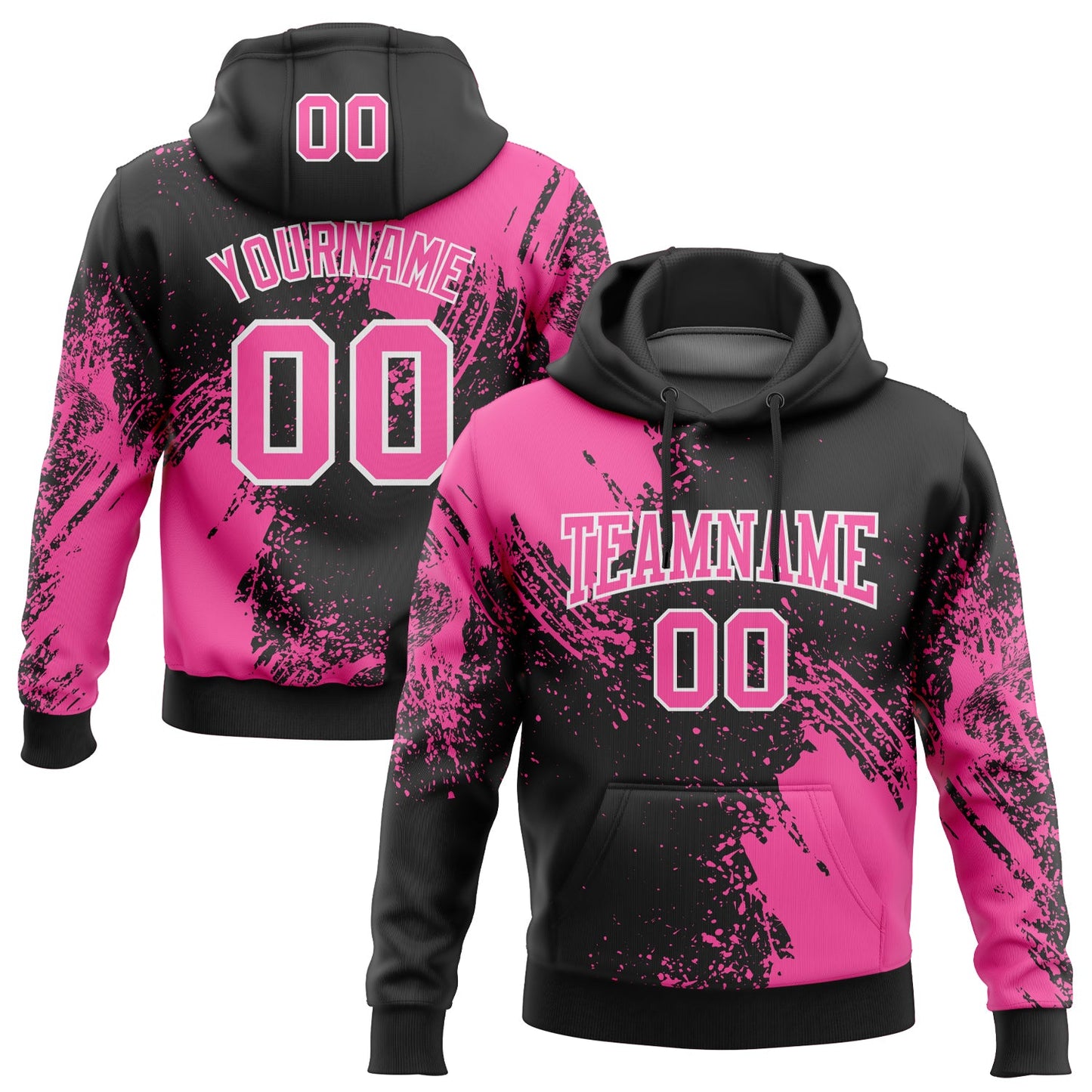 Custom Stitched Black Pink-White 3D Pattern Design Abstract Brush Stroke Sports Pullover Sweatshirt Hoodie - Main View