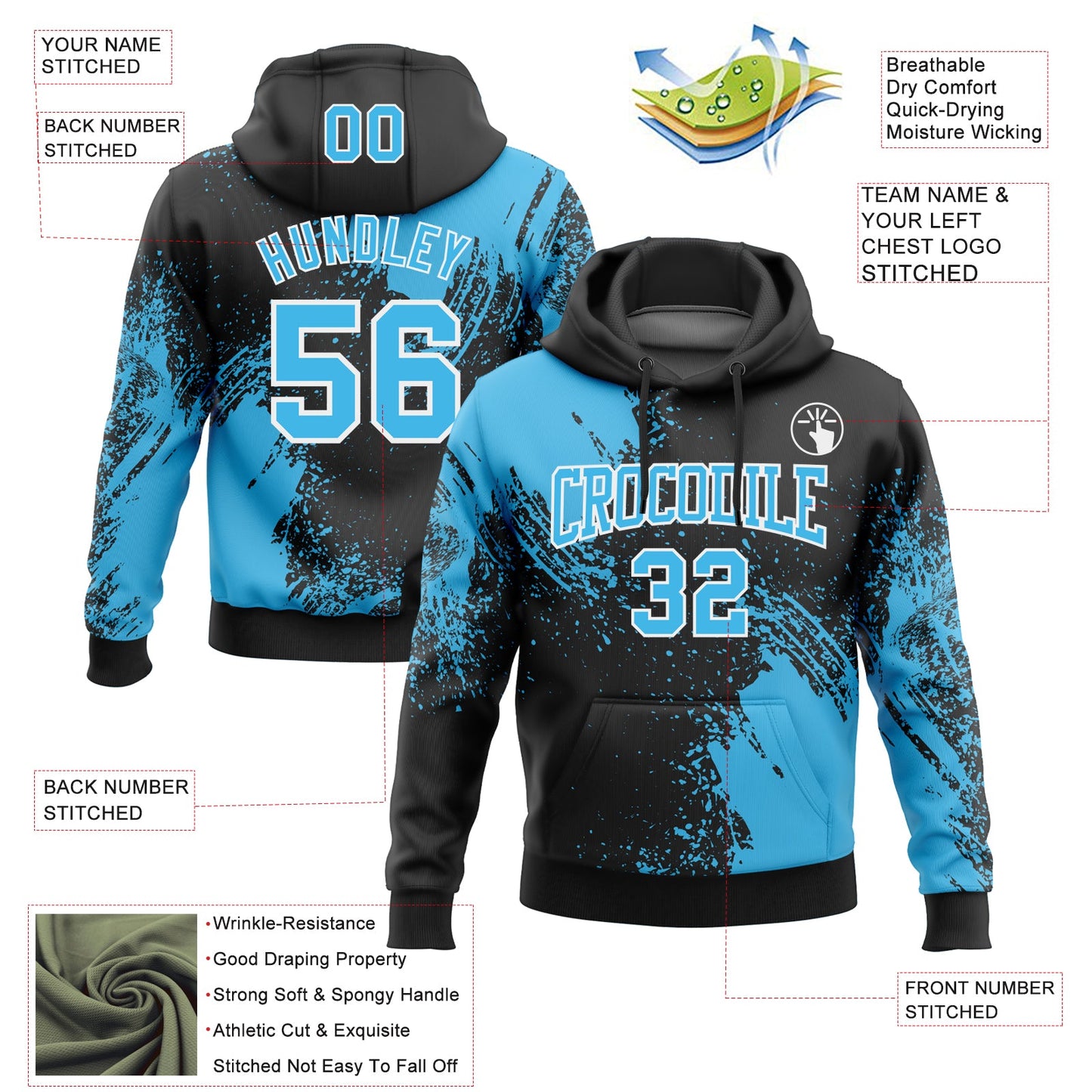 Custom Stitched Black Sky Blue-White 3D Pattern Design Abstract Brush Stroke Sports Pullover Sweatshirt Hoodie view 2