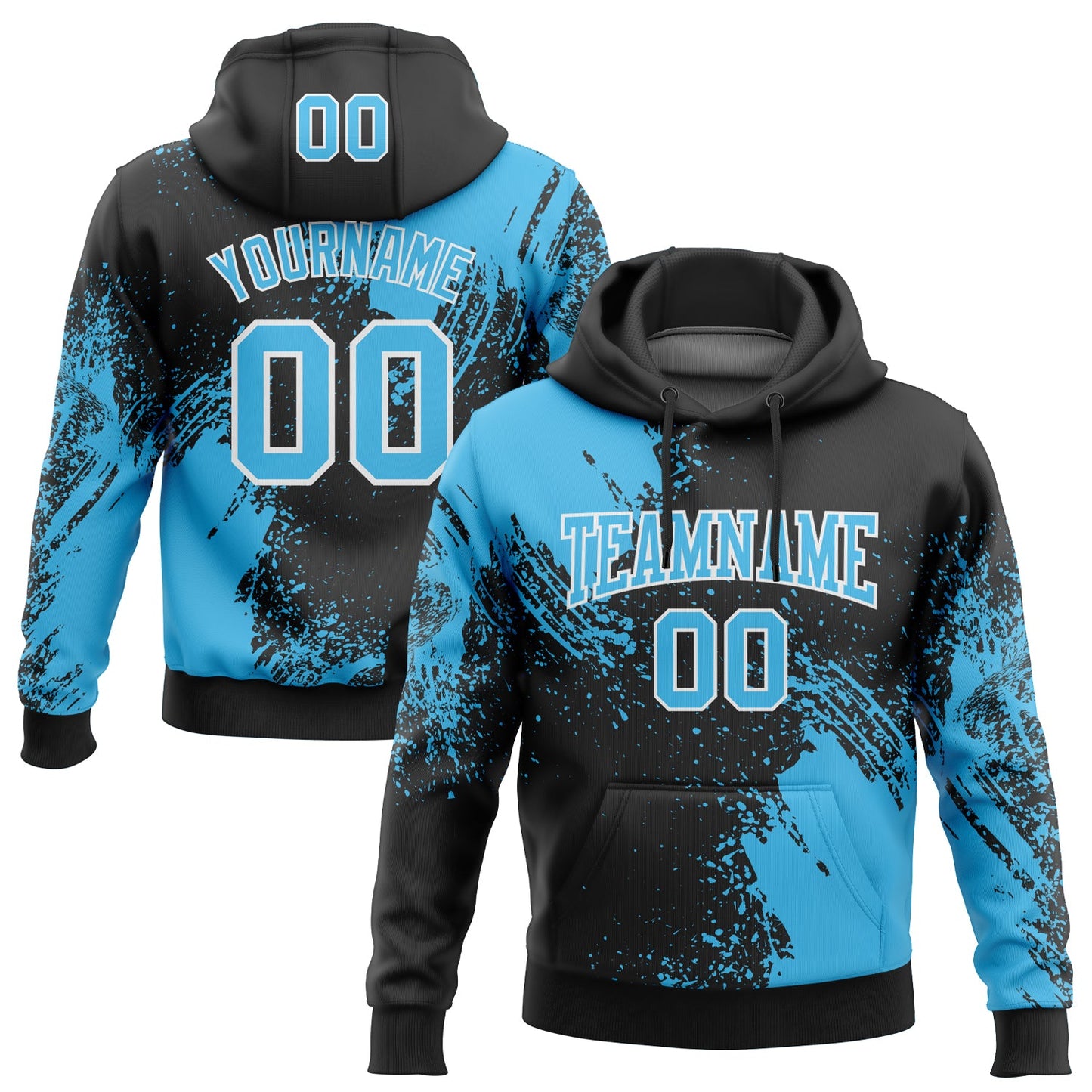 Custom Stitched Black Sky Blue-White 3D Pattern Design Abstract Brush Stroke Sports Pullover Sweatshirt Hoodie - Main View
