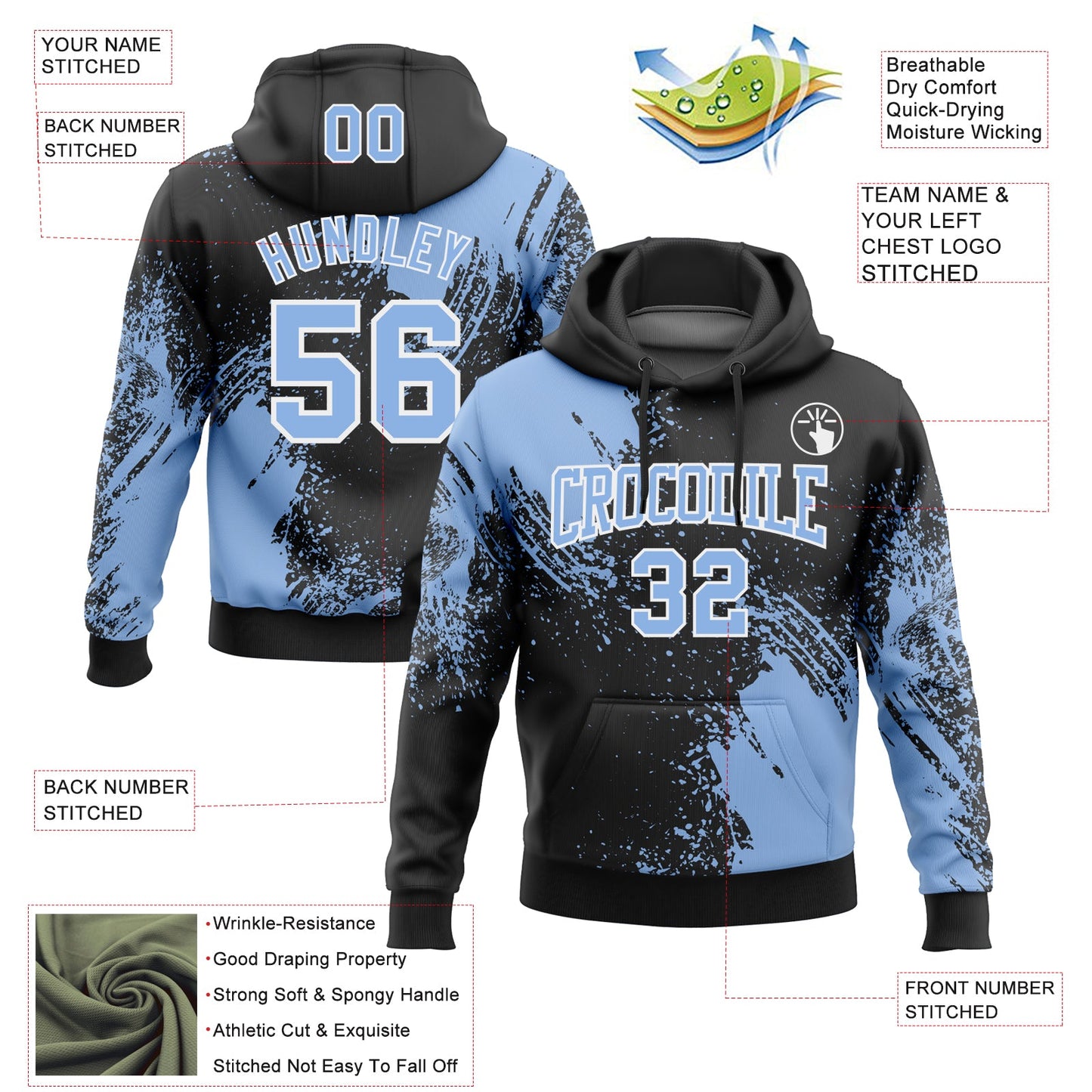Custom Stitched Black Light Blue-White 3D Pattern Design Abstract Brush Stroke Sports Pullover Sweatshirt Hoodie view 2