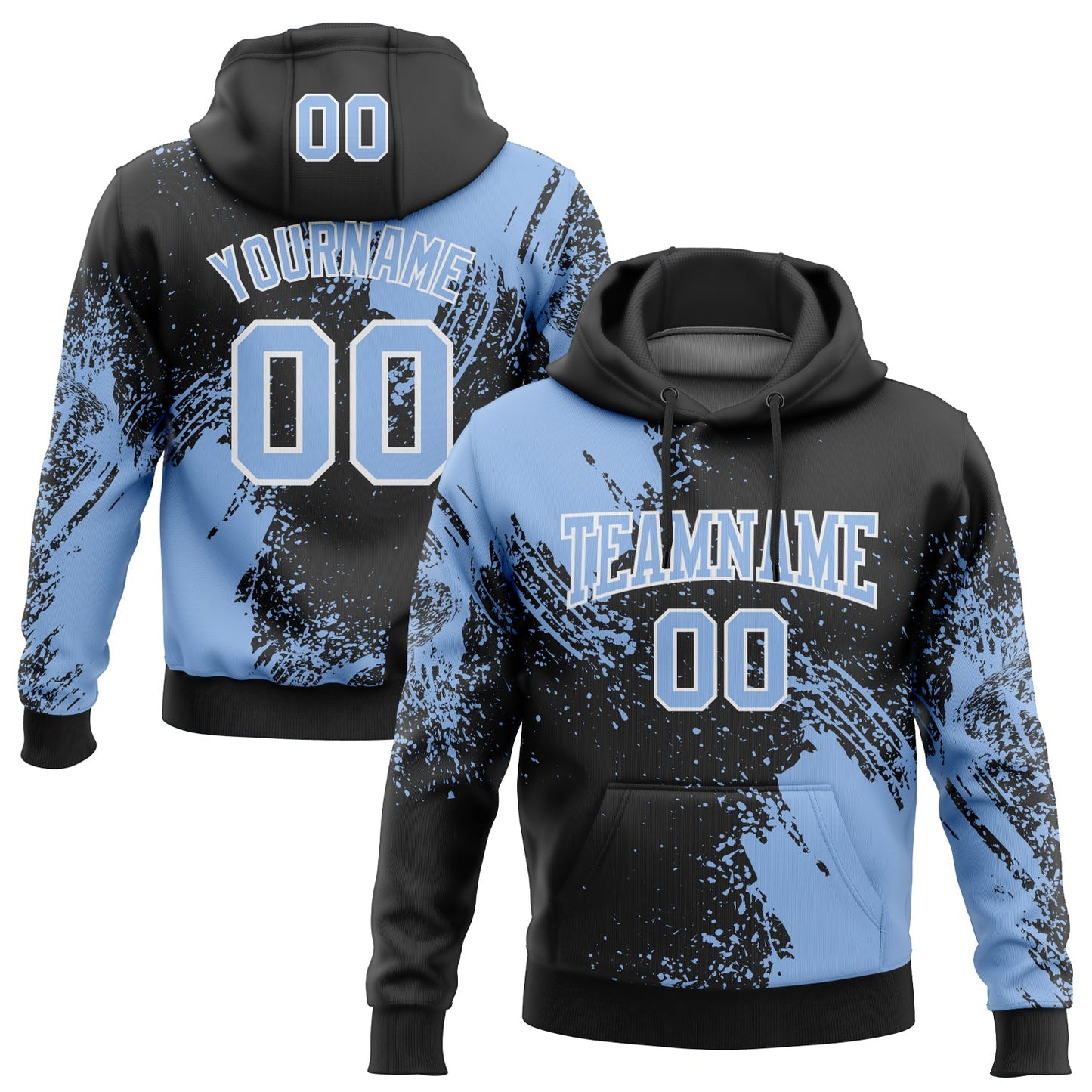 Custom Stitched Black Light Blue-White 3D Pattern Design Abstract Brush Stroke Sports Pullover Sweatshirt Hoodie - Main View