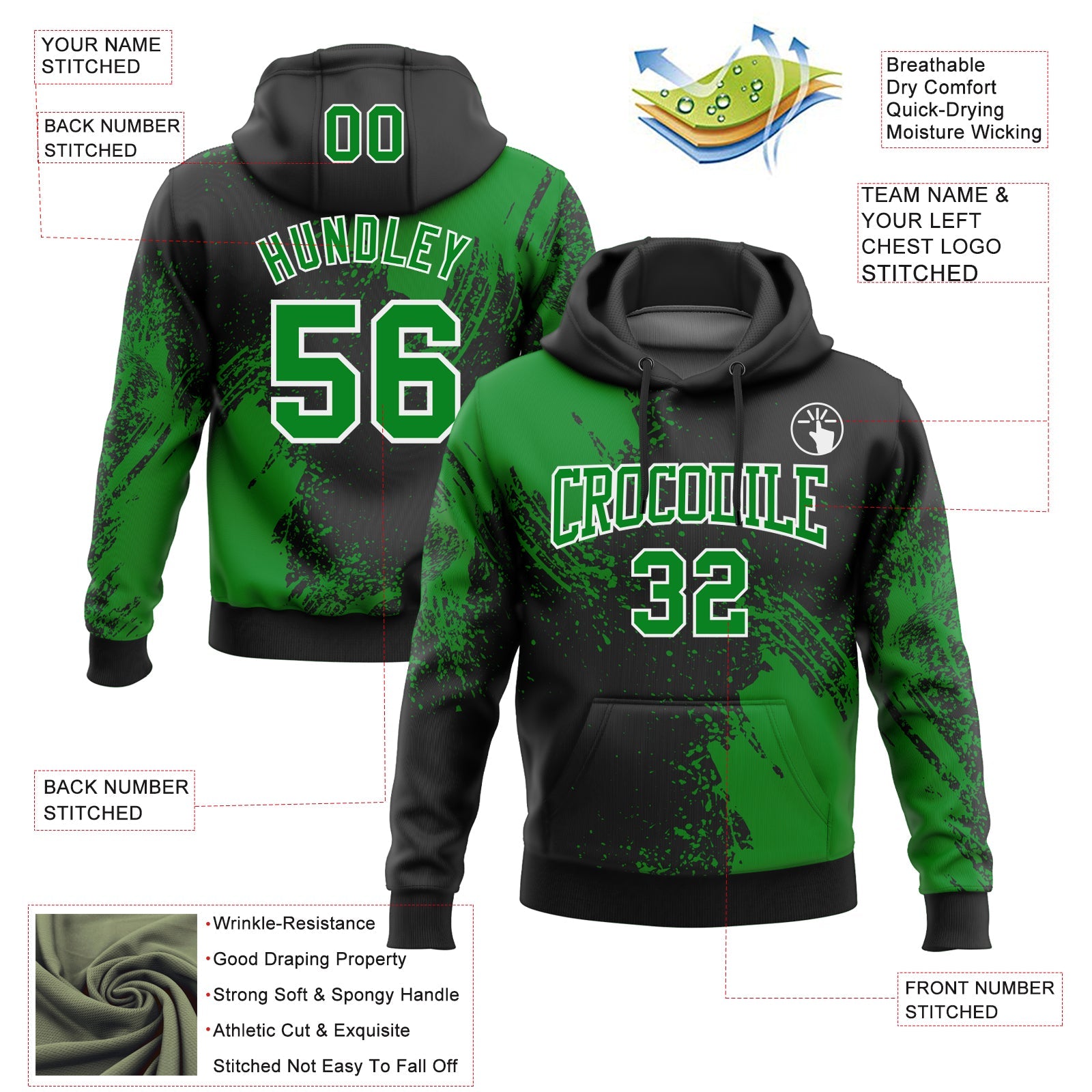 Custom Stitched Black Grass Green-White 3D Pattern Design Abstract Brush Stroke Sports Pullover Sweatshirt Hoodie view 2