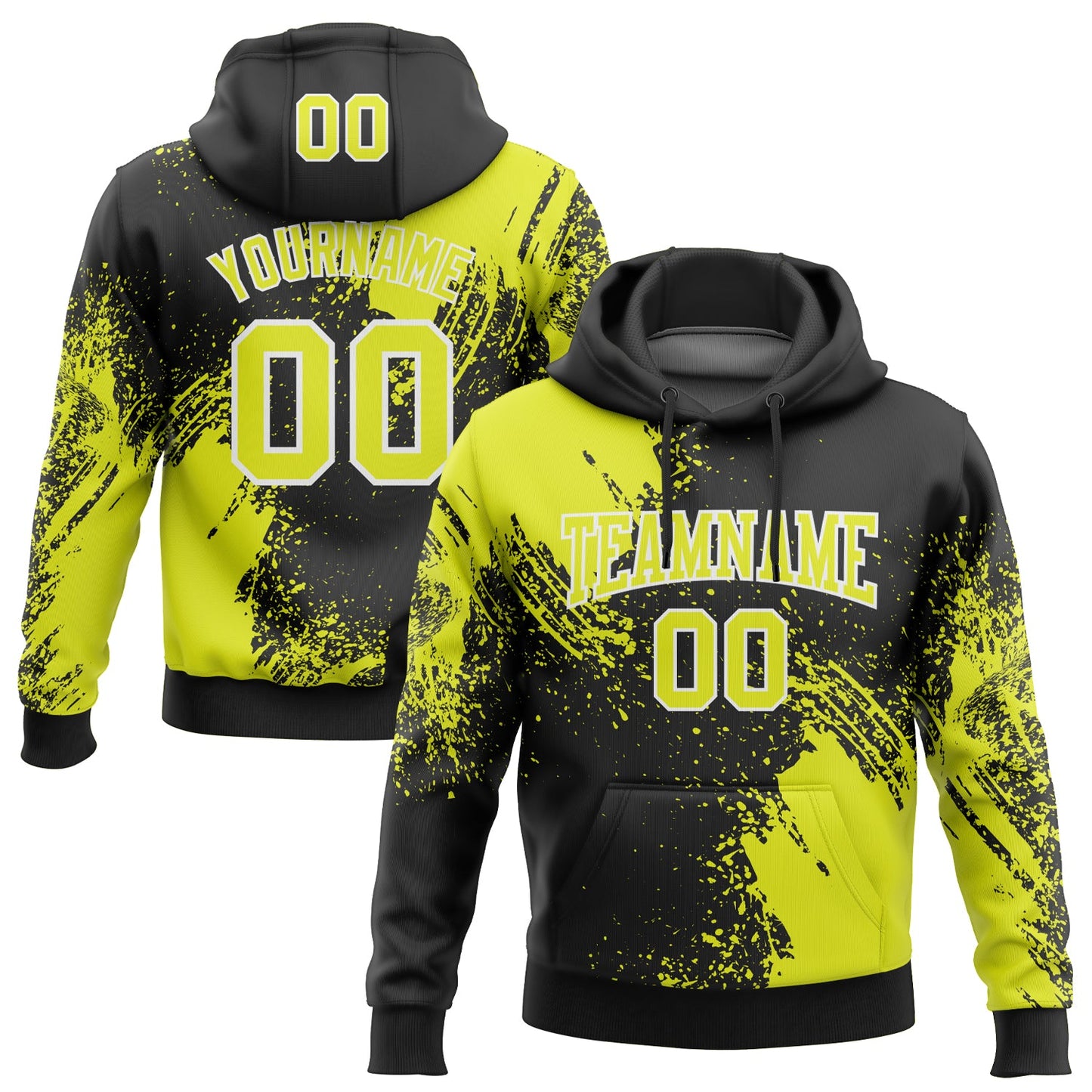 Custom Stitched Black Neon Yellow-White 3D Pattern Design Abstract Brush Stroke Sports Pullover Sweatshirt Hoodie - Main View