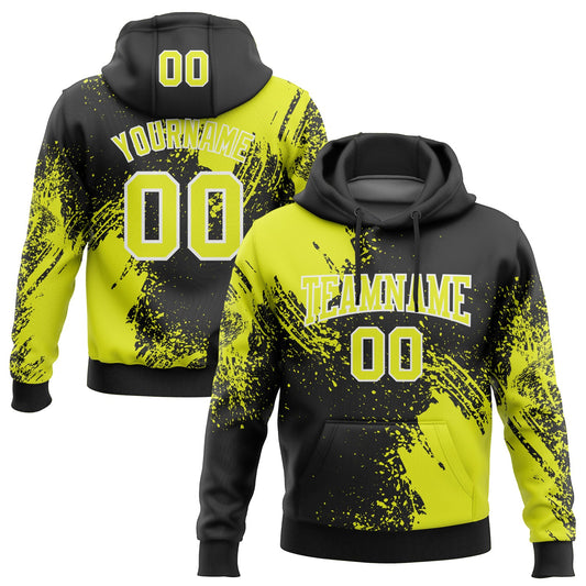 Custom Stitched Black Neon Yellow-White 3D Pattern Design Abstract Brush Stroke Sports Pullover Sweatshirt Hoodie - Main View