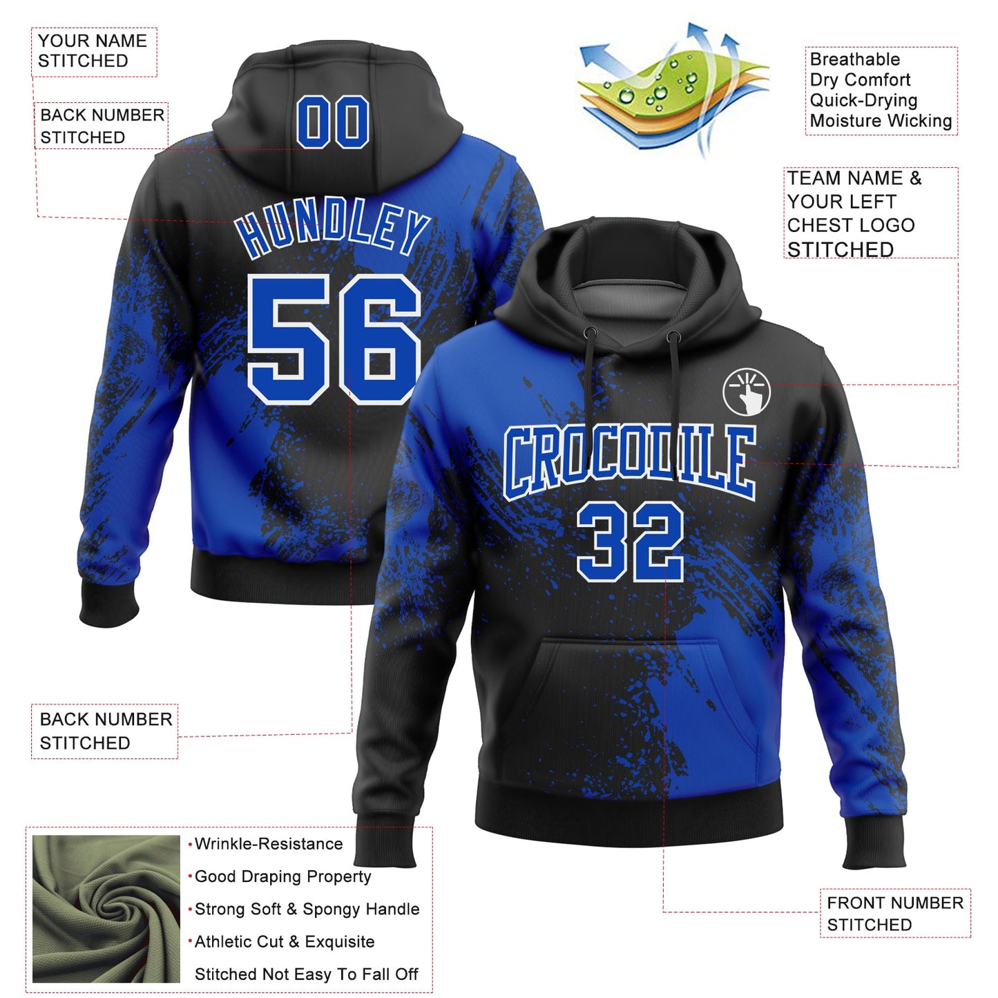 Custom Stitched Black Thunder Blue-White 3D Pattern Design Abstract Brush Stroke Sports Pullover Sweatshirt Hoodie view 2