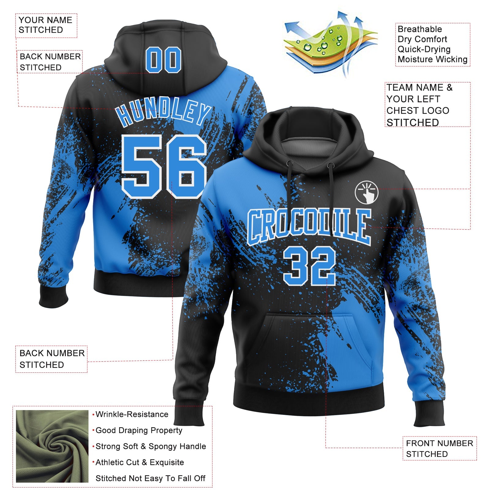 Custom Stitched Black Powder Blue-White 3D Pattern Design Abstract Brush Stroke Sports Pullover Sweatshirt Hoodie view 2
