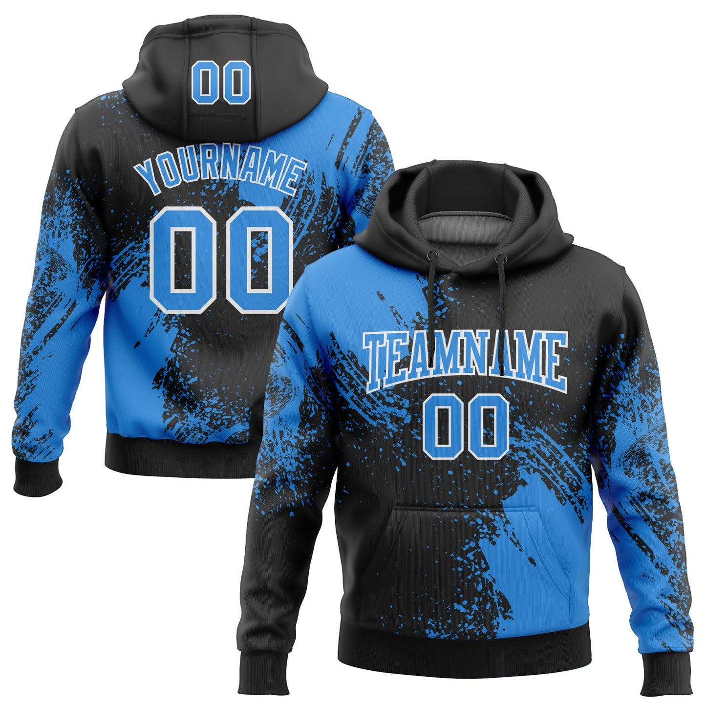 Custom Stitched Black Powder Blue-White 3D Pattern Design Abstract Brush Stroke Sports Pullover Sweatshirt Hoodie - Main View