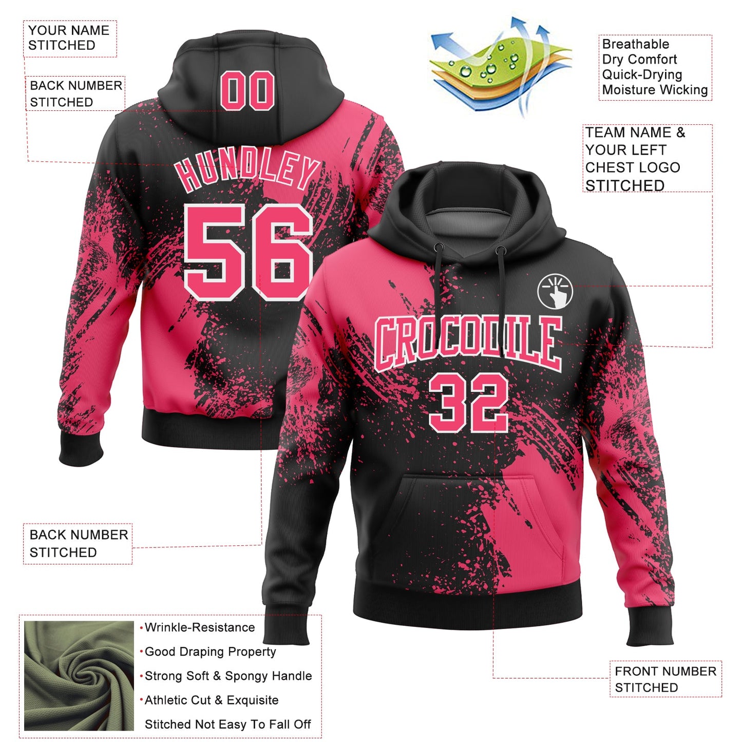 Custom Stitched Black Neon Pink-White 3D Pattern Design Abstract Brush Stroke Sports Pullover Sweatshirt Hoodie view 2