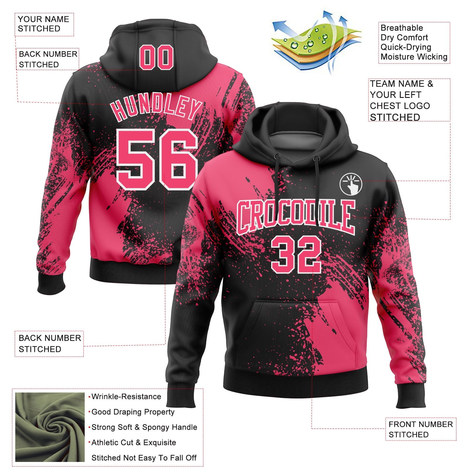Custom Stitched Black Neon Pink-White 3D Pattern Design Abstract Brush Stroke Sports Pullover Sweatshirt Hoodie view 2