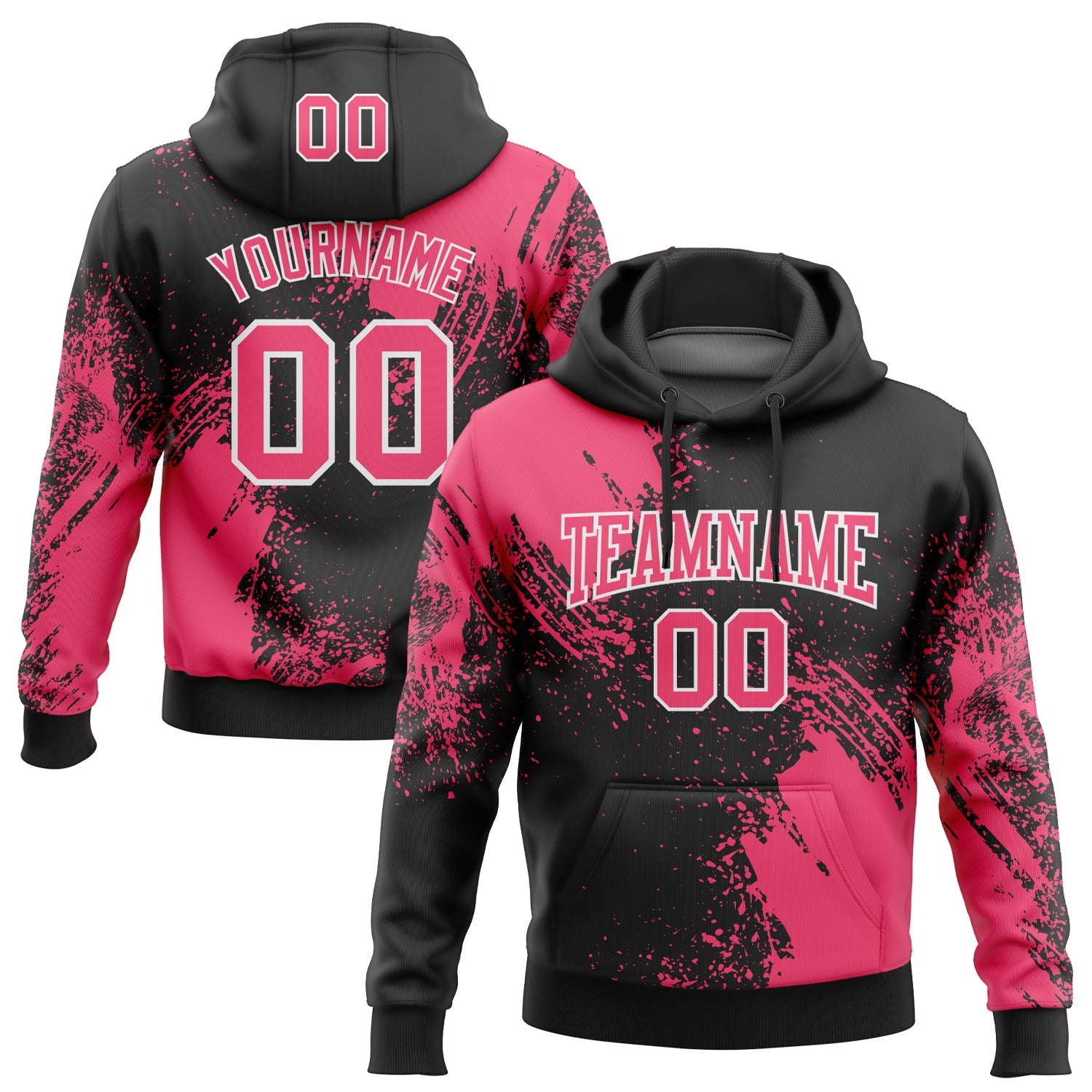 Custom Stitched Black Neon Pink-White 3D Pattern Design Abstract Brush Stroke Sports Pullover Sweatshirt Hoodie - Main View