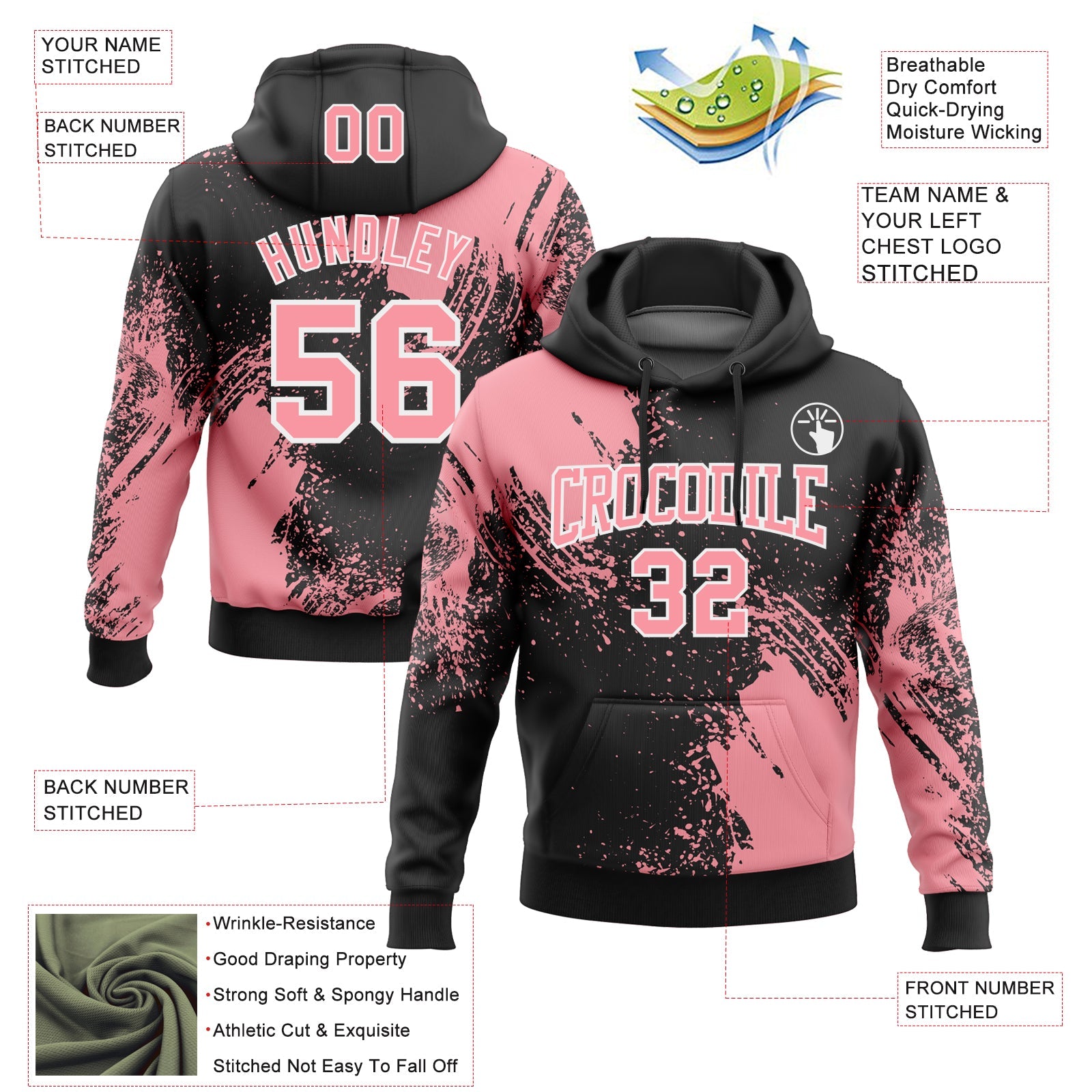 Custom Stitched Black Medium Pink-White 3D Pattern Design Abstract Brush Stroke Sports Pullover Sweatshirt Hoodie view 2