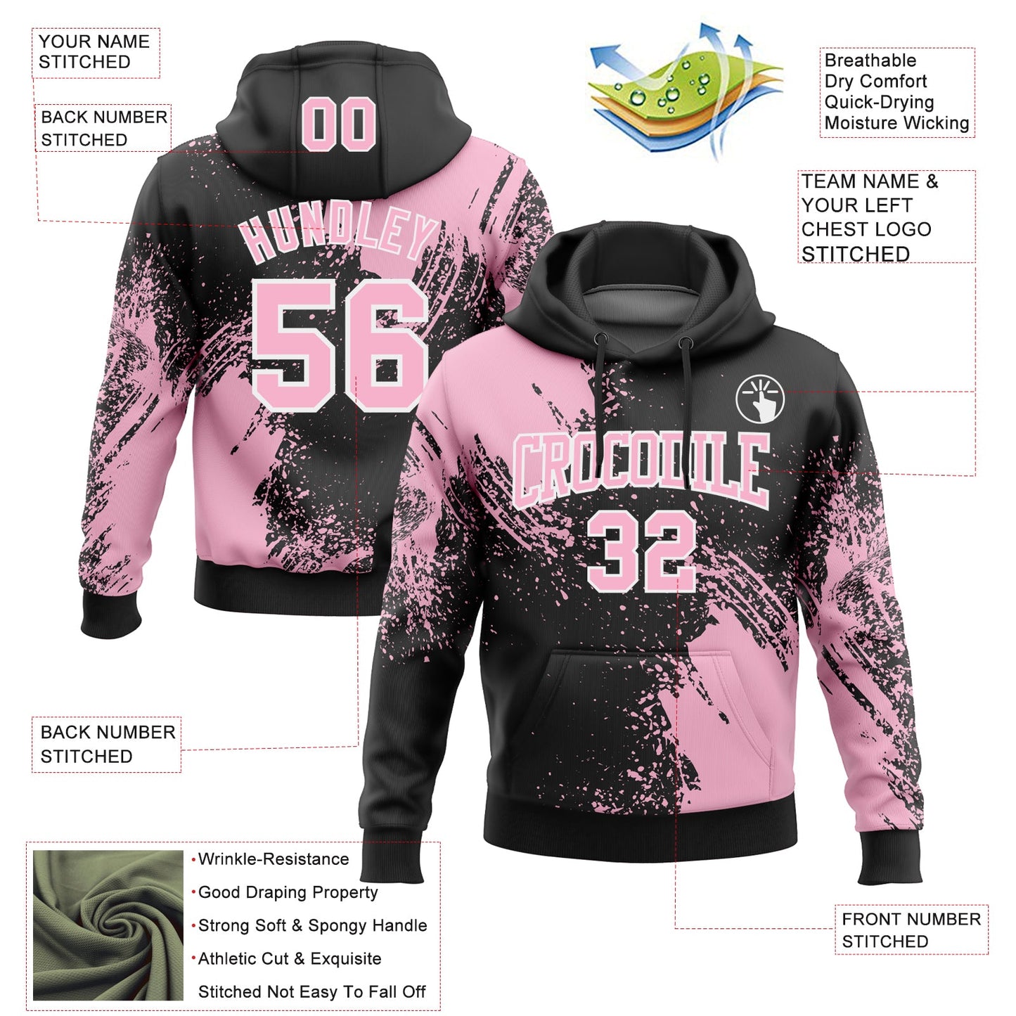 Custom Stitched Black Light Pink-White 3D Pattern Design Abstract Brush Stroke Sports Pullover Sweatshirt Hoodie view 2