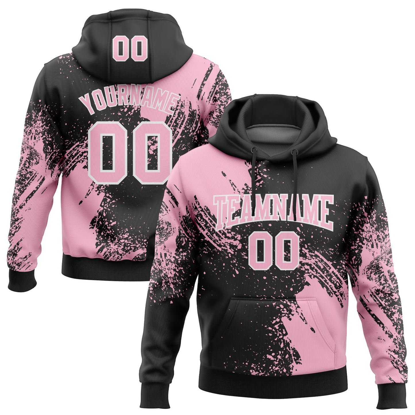 Custom Stitched Black Light Pink-White 3D Pattern Design Abstract Brush Stroke Sports Pullover Sweatshirt Hoodie - Main View