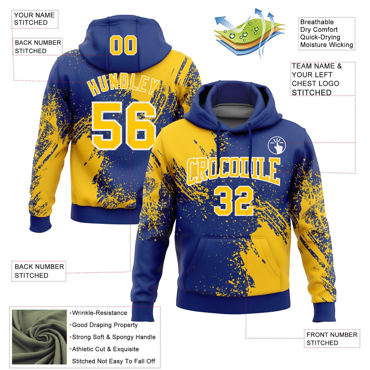 Custom Stitched Royal Yellow-White 3D Pattern Design Abstract Brush Stroke Sports Pullover Sweatshirt Hoodie view 2