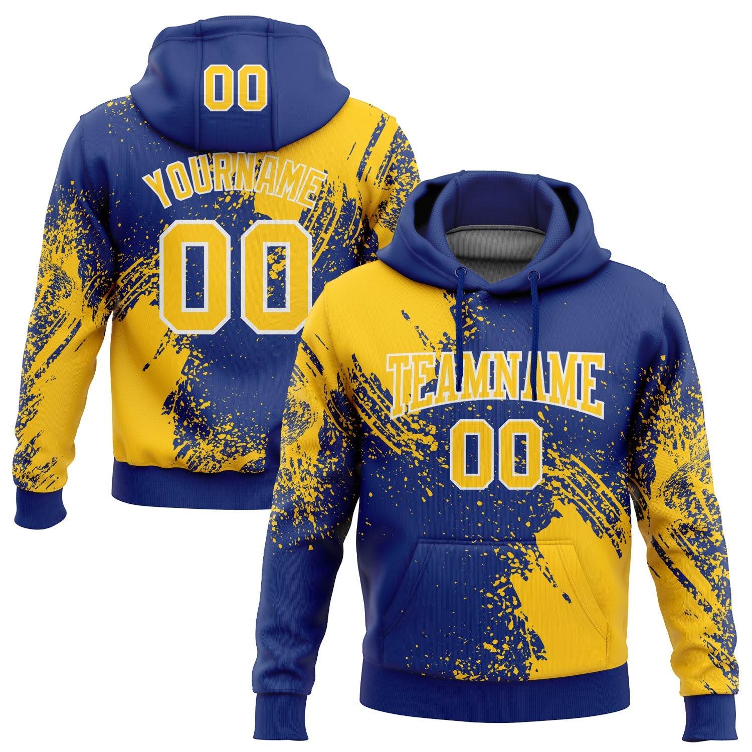 Custom Stitched Royal Yellow-White 3D Pattern Design Abstract Brush Stroke Sports Pullover Sweatshirt Hoodie - Main View