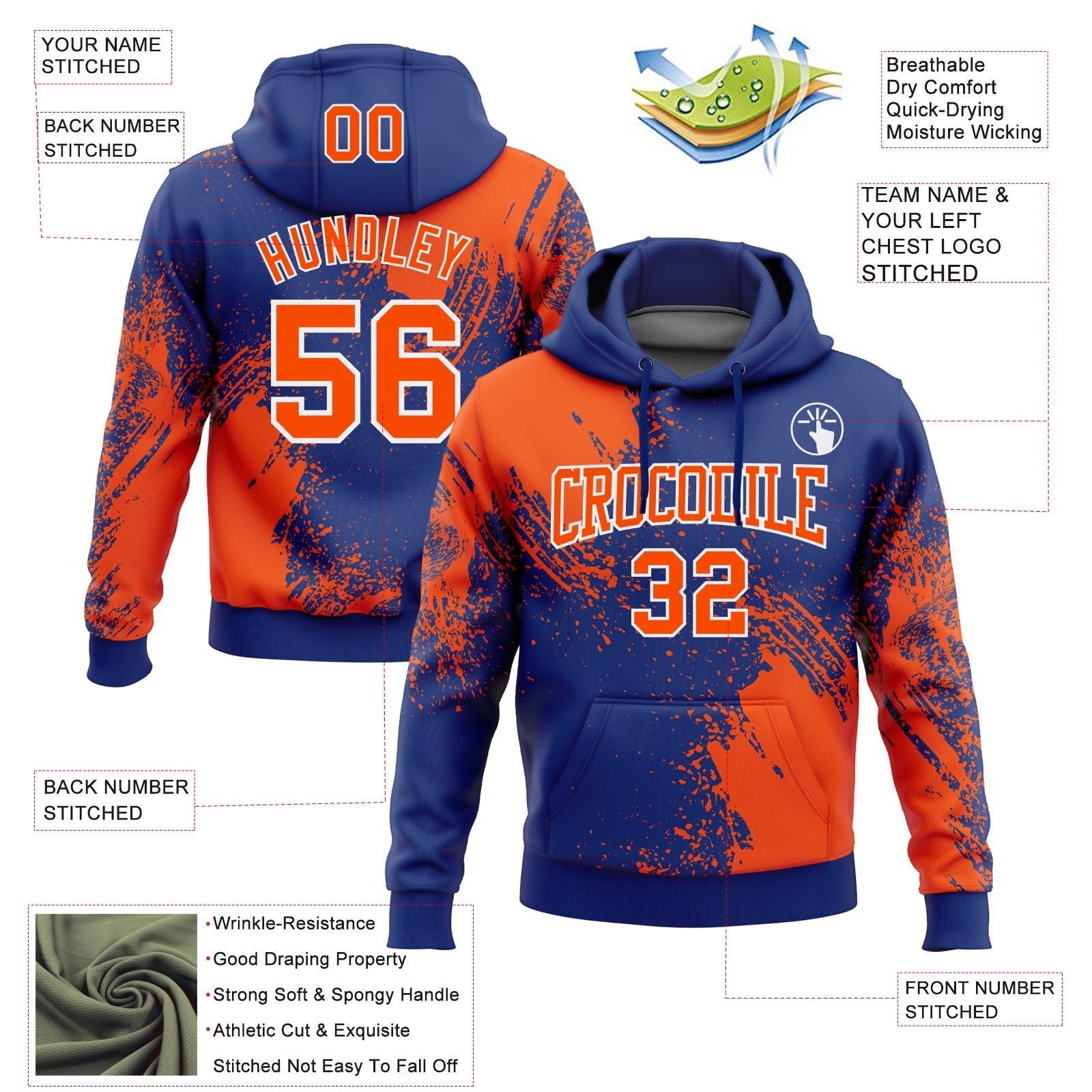 Custom Stitched Royal Orange-White 3D Pattern Design Abstract Brush Stroke Sports Pullover Sweatshirt Hoodie view 2