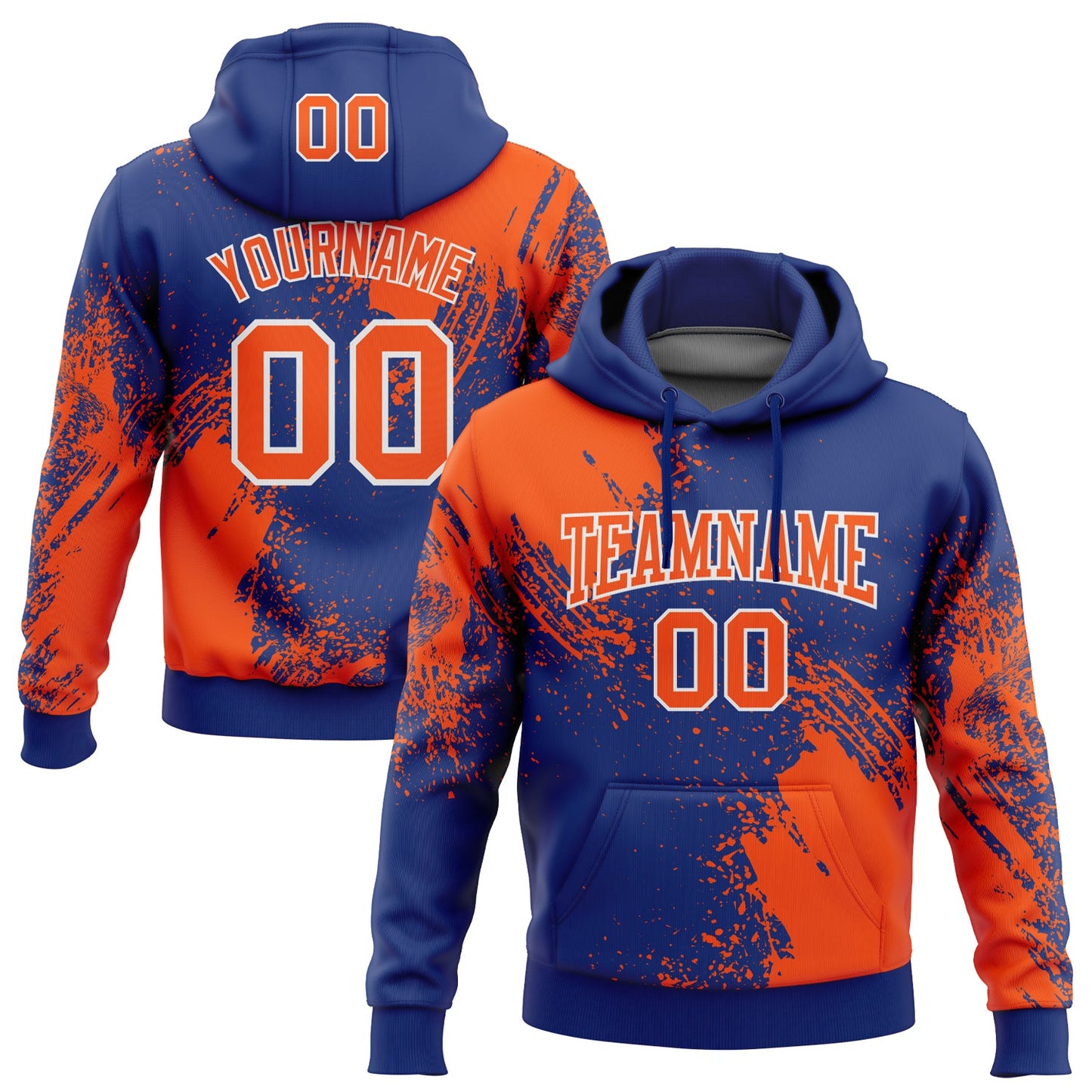 Custom Stitched Royal Orange-White 3D Pattern Design Abstract Brush Stroke Sports Pullover Sweatshirt Hoodie - Main View