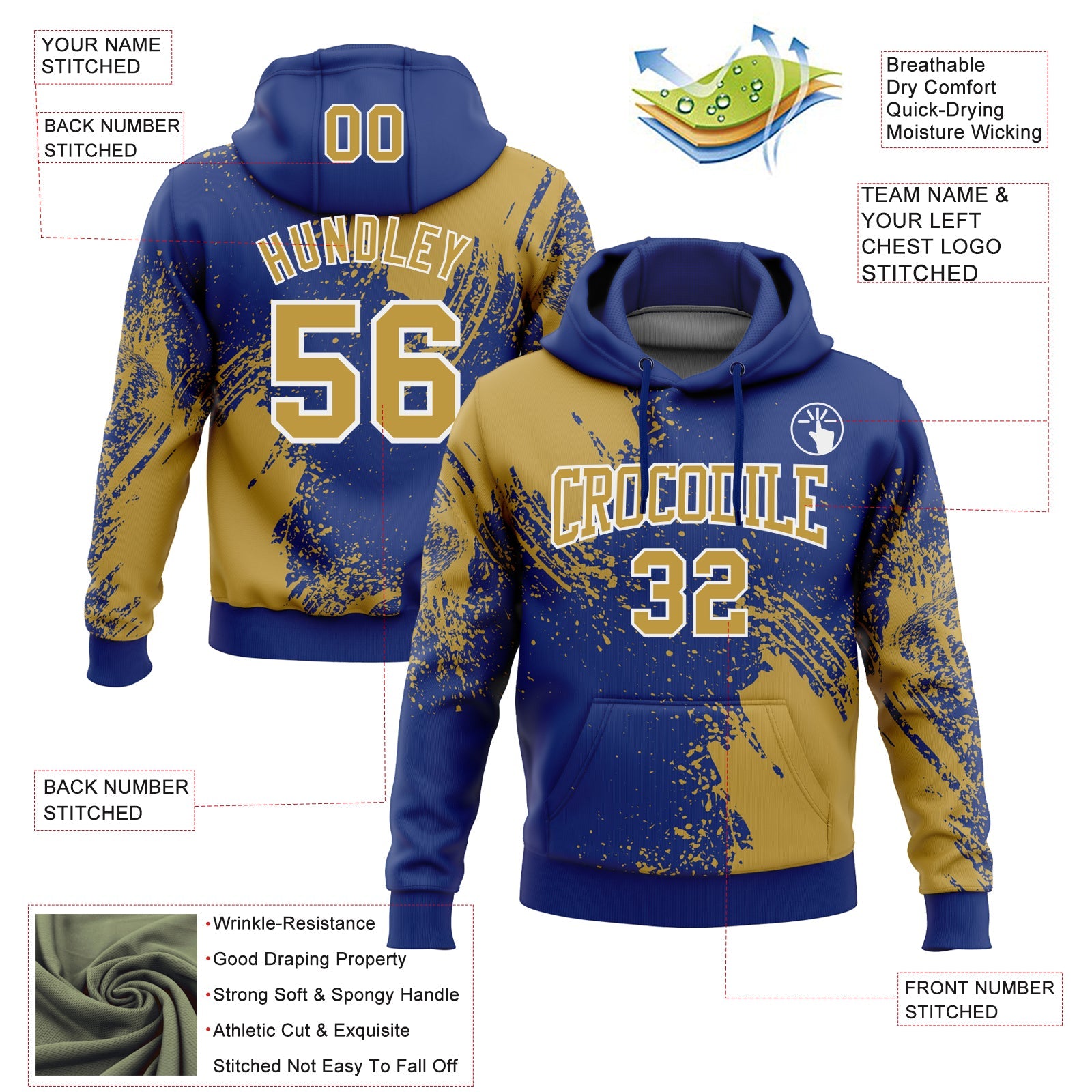 Custom Stitched Royal Old Gold-White 3D Pattern Design Abstract Brush Stroke Sports Pullover Sweatshirt Hoodie view 2