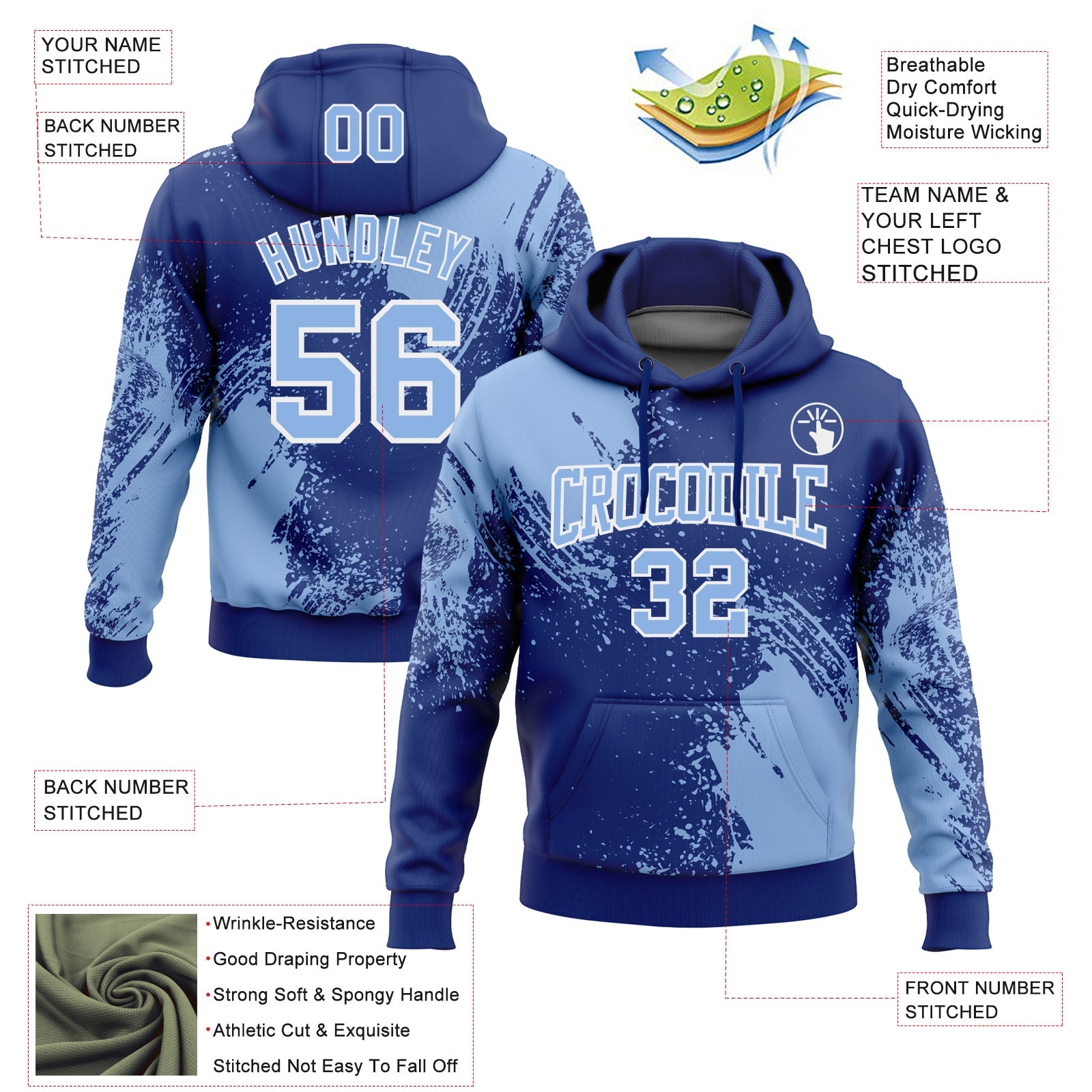 Custom Stitched Royal Light Blue-White 3D Pattern Design Abstract Brush Stroke Sports Pullover Sweatshirt Hoodie view 2