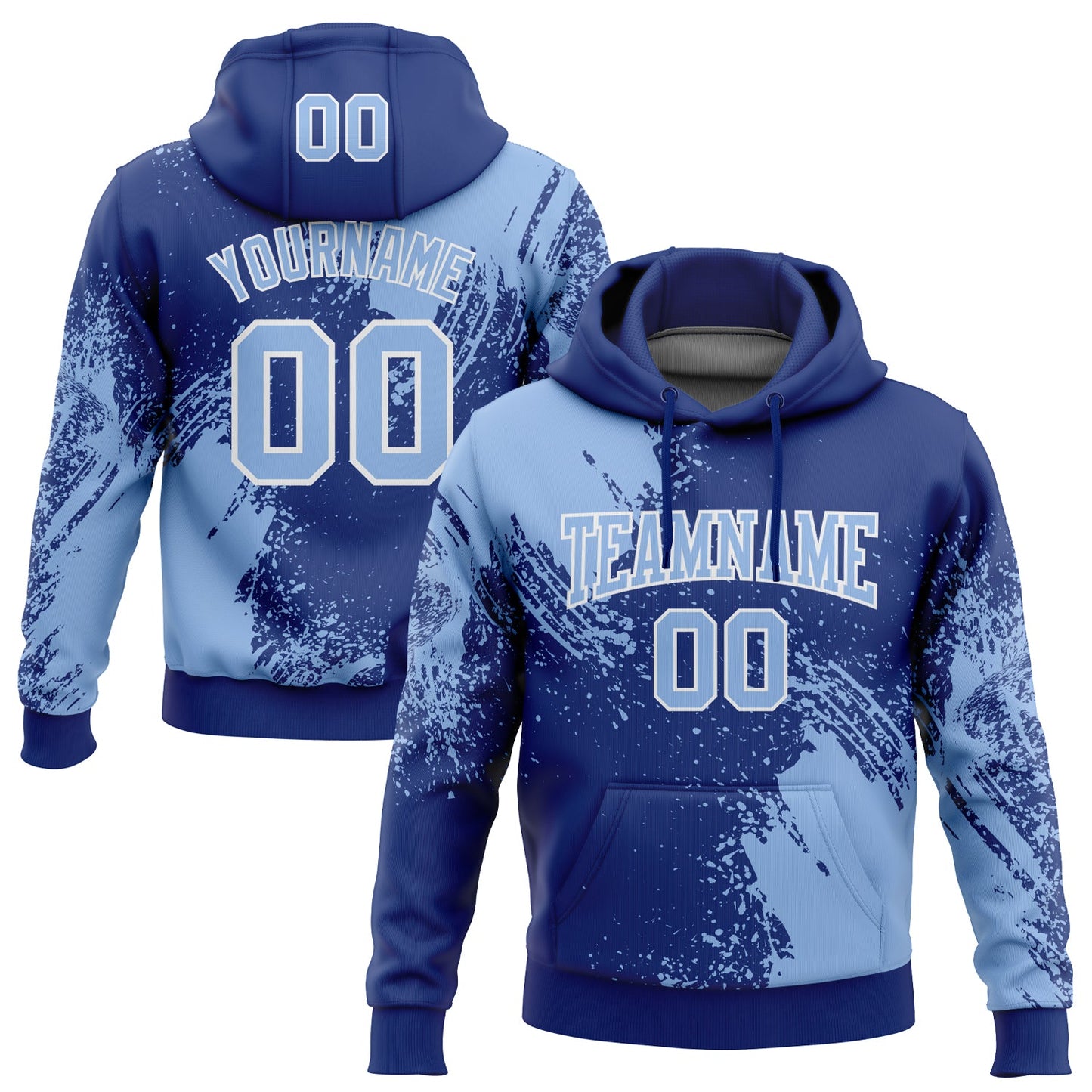 Custom Stitched Royal Light Blue-White 3D Pattern Design Abstract Brush Stroke Sports Pullover Sweatshirt Hoodie - Main View